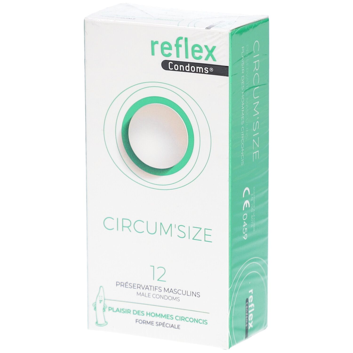 Doosje Reflex Circum'Size condooms, 12 stuks. Groen-witte verpakking met CE-markering.