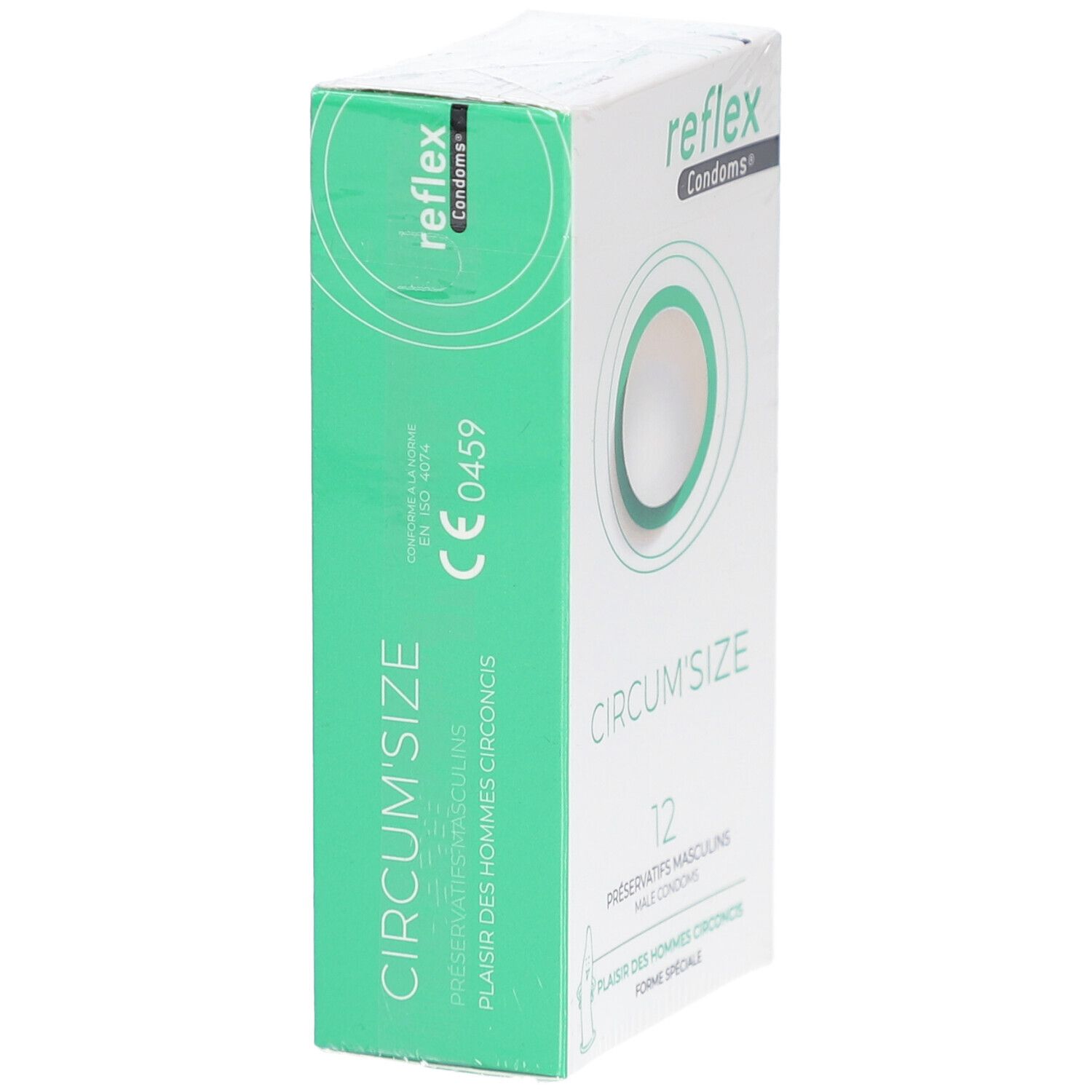 Condoomsdoosje, groen-wit. Opschrift: Reflex, Circum'Size, 12 stuks. CE-markering.