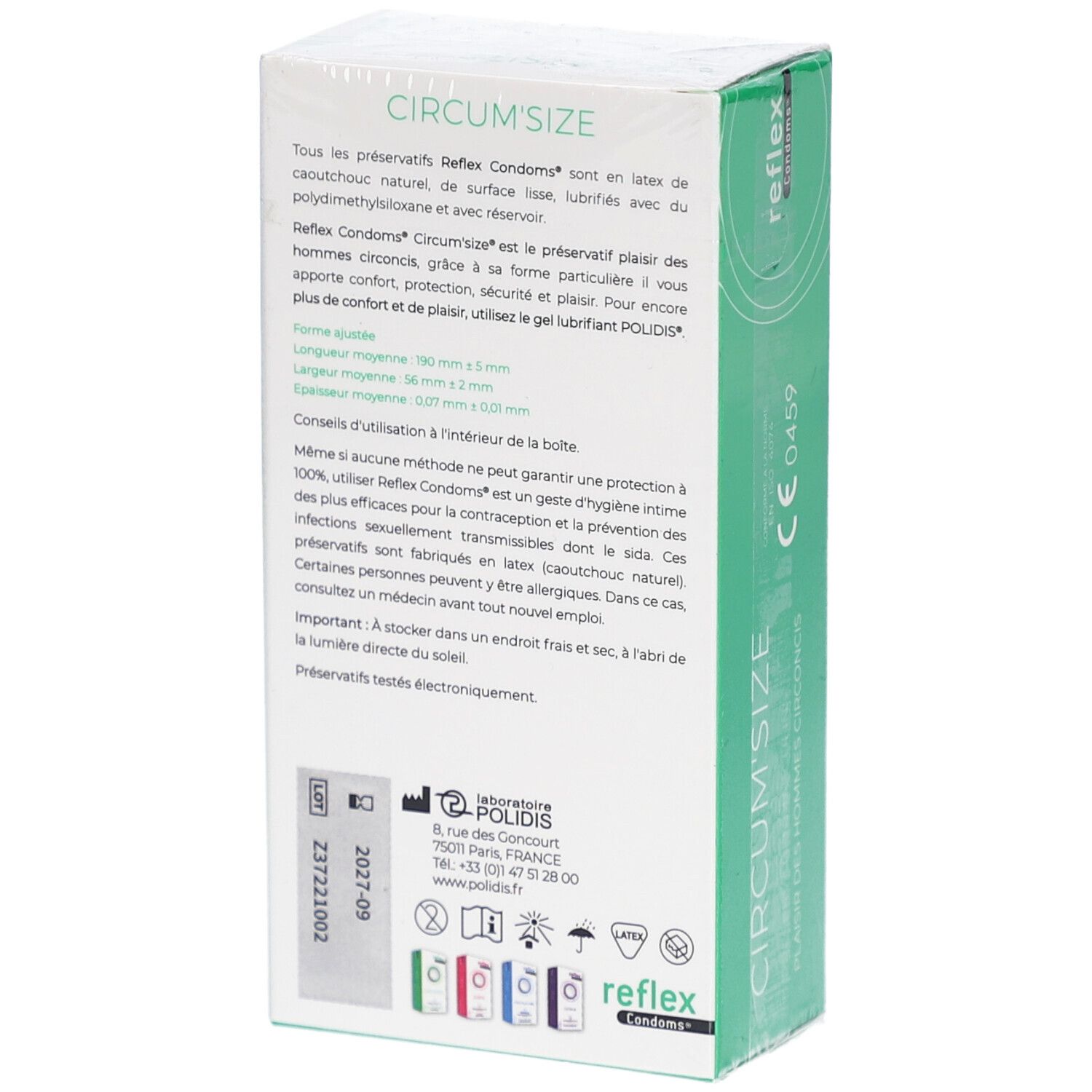 Achterkant van de condoomsdoos. Tekstinformatie, CE-markering, fabrikantenadres, houdbaarheidsdatum.