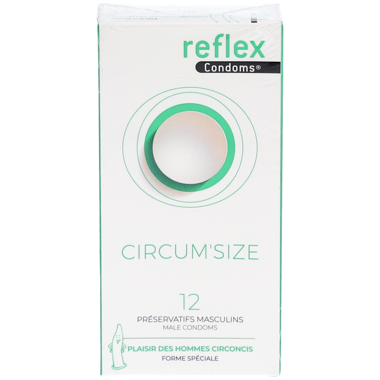Condoomsdoosje, vooraanzicht. Opschrift: Reflex, Circum'Size, 12 stuks. Groen-witte verpakking.