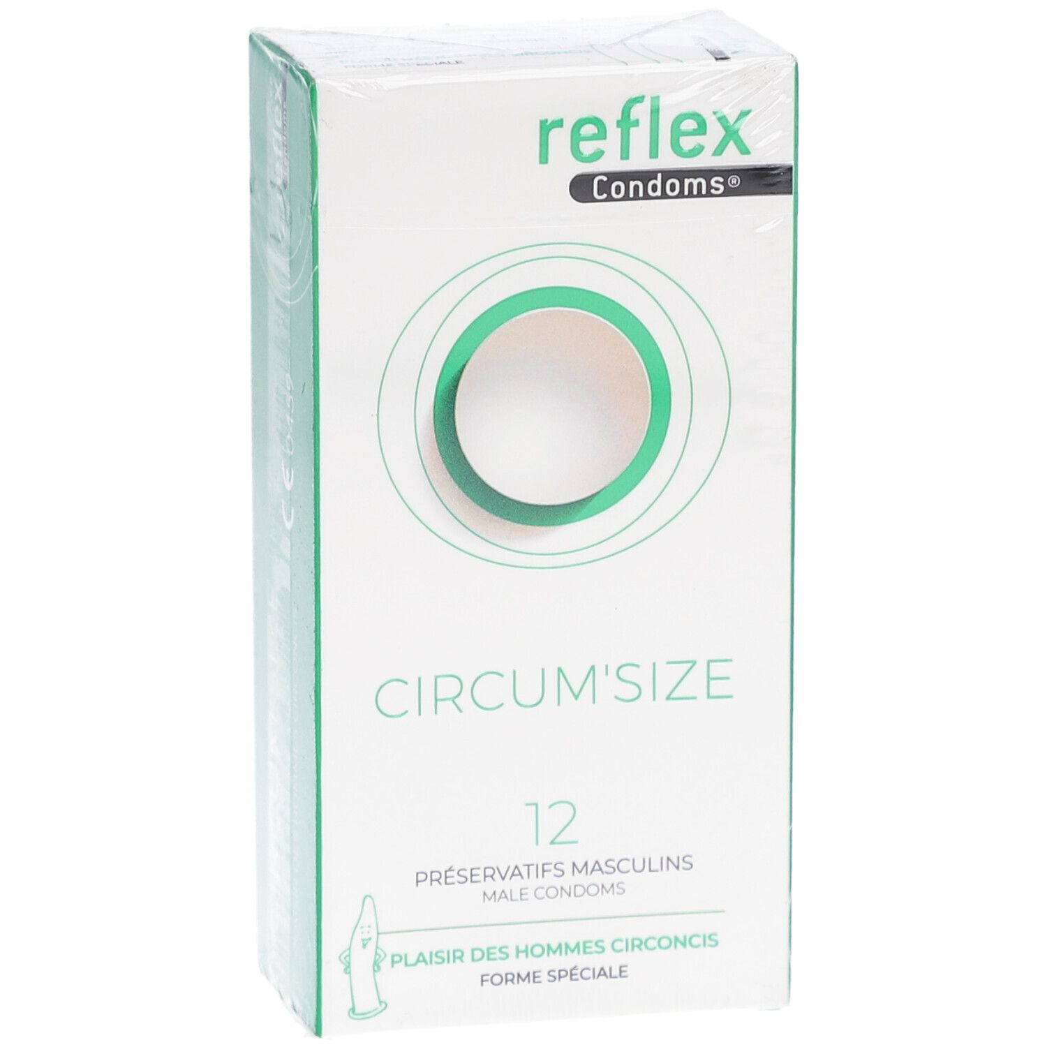 Condoomsdoosje, verpakt. Opschrift: Reflex, Circum'Size, 12 stuks. Groen-witte verpakking.