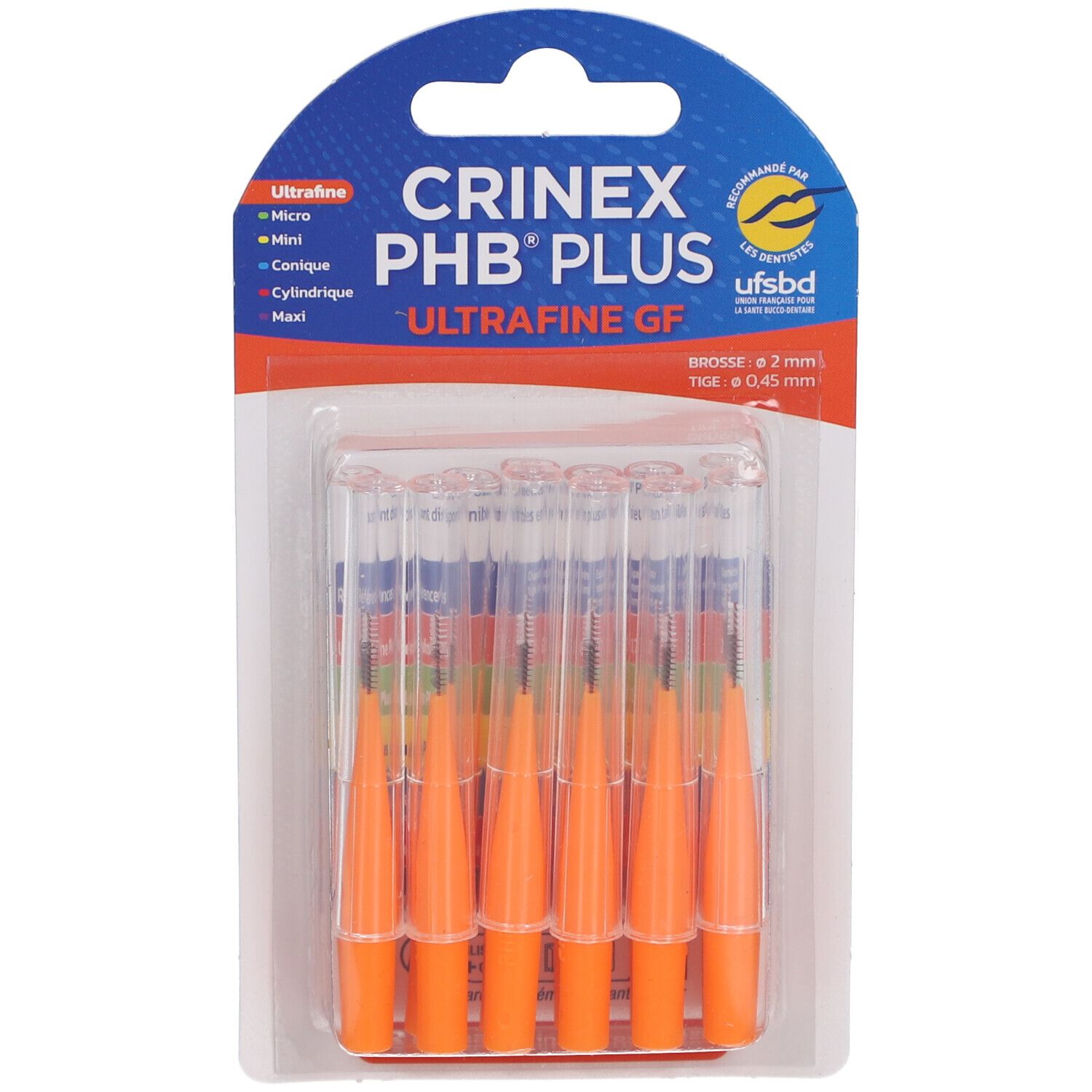 Blister de brossettes interdentaires orange. Inscription: Crinex PHB Plus Ultrafine.