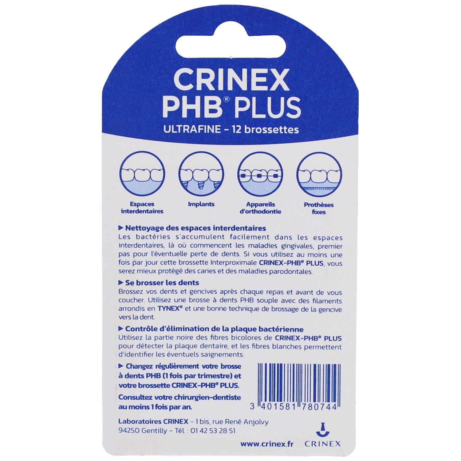 Dos de l'emballage avec informations produit et zones d'utilisation. Inscription: Crinex PHB Plus Ultrafine.