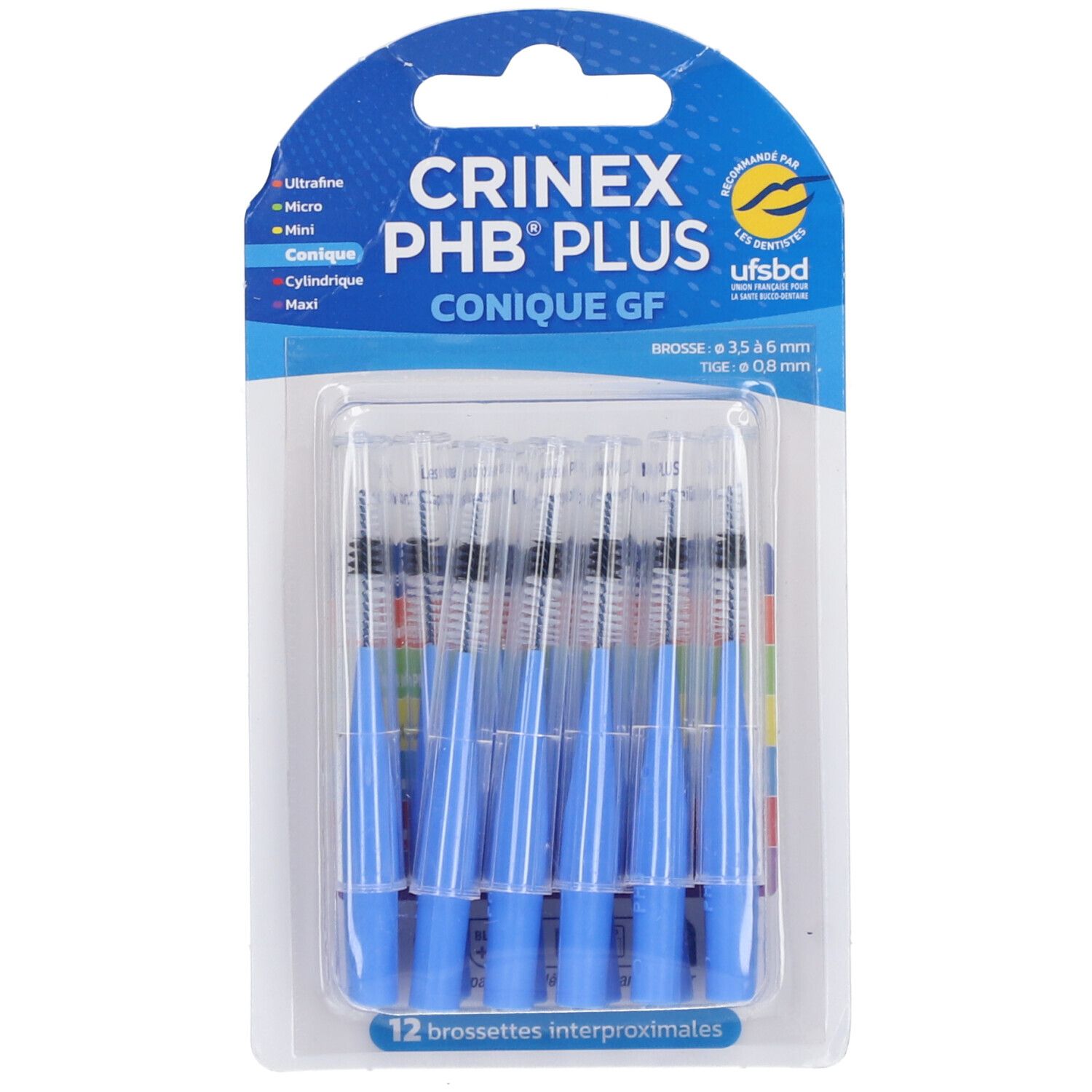 Blister de brossettes interdentaires Crinex PHB Plus bleues. Forme conique, 12 pièces. Manches bleues, capuchons transparents.