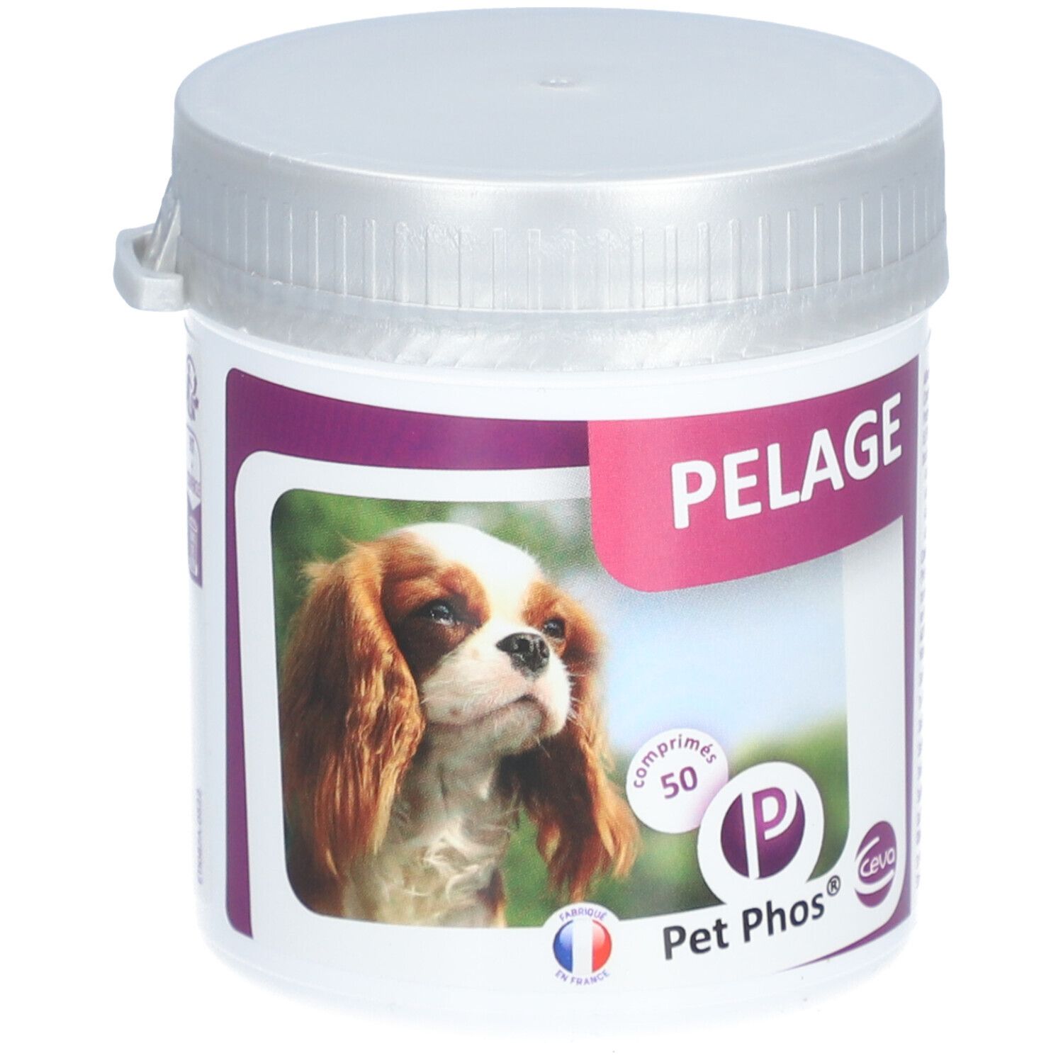 Pot blanc avec couvercle. Étiquette avec chien, texte: PELAGE, 50 comprimés, Pet Phos, Ceva.
