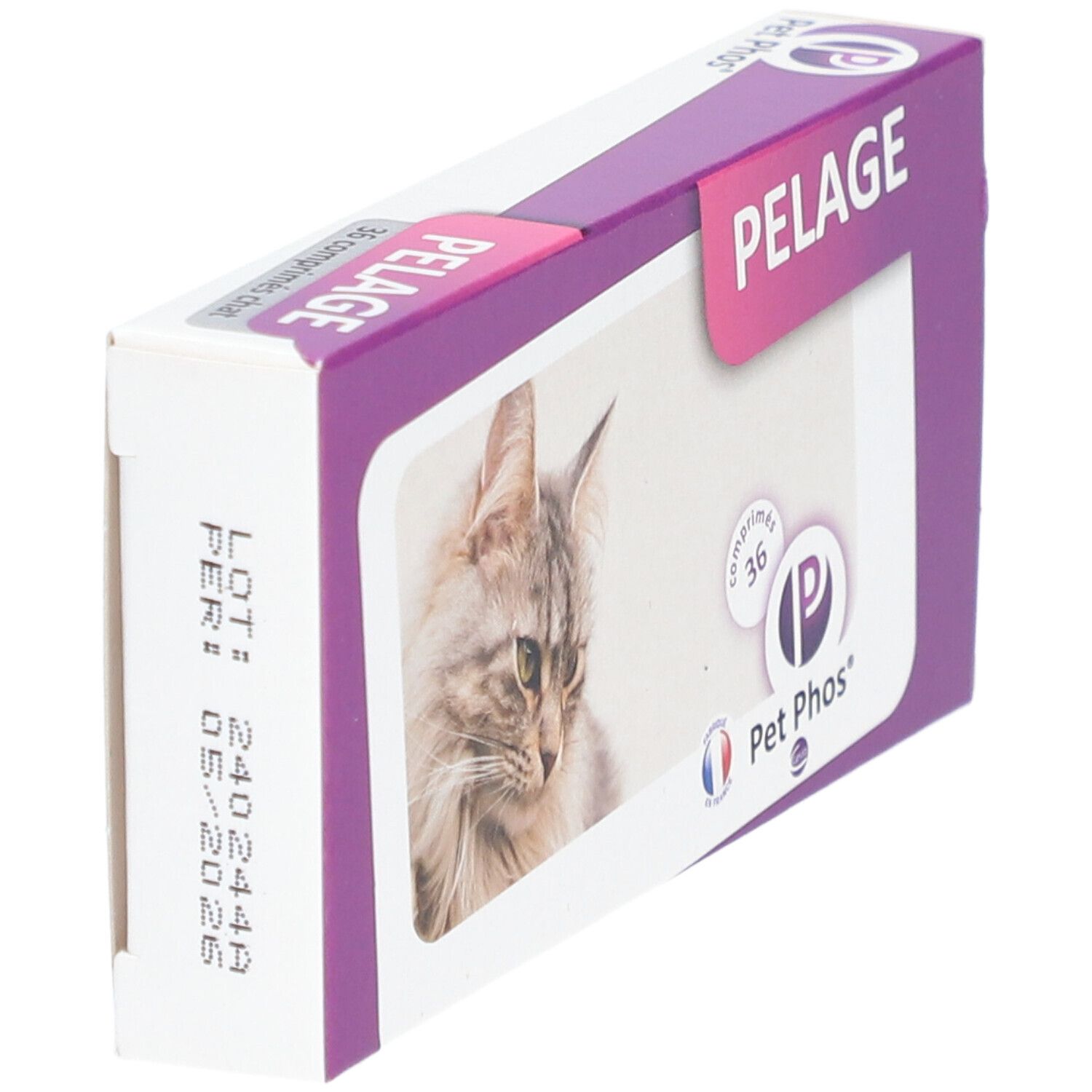 Verpakking met kattenafbeelding. Tekst: PELAGE, Pet Phos, 36 comprimés.
