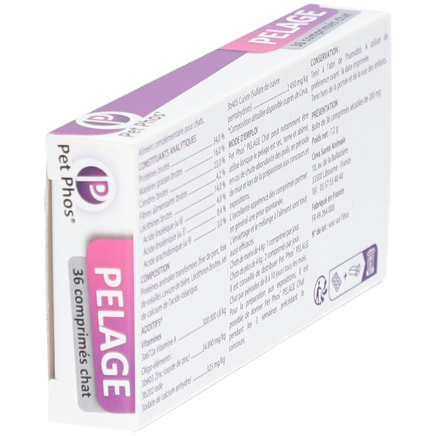 Verpakking met tekst en logo. Tekst: PELAGE, Pet Phos, 36 comprimés.