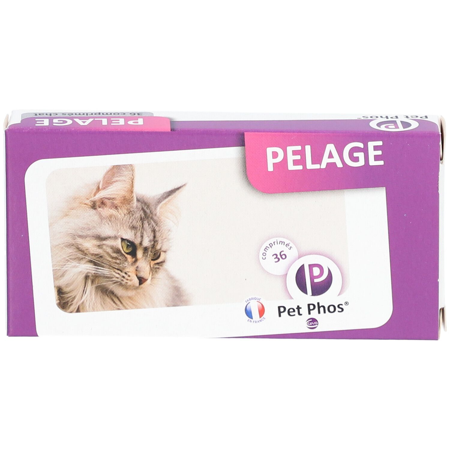 Verpakking met kattenafbeelding. Tekst: PELAGE, Pet Phos, 36 comprimés.