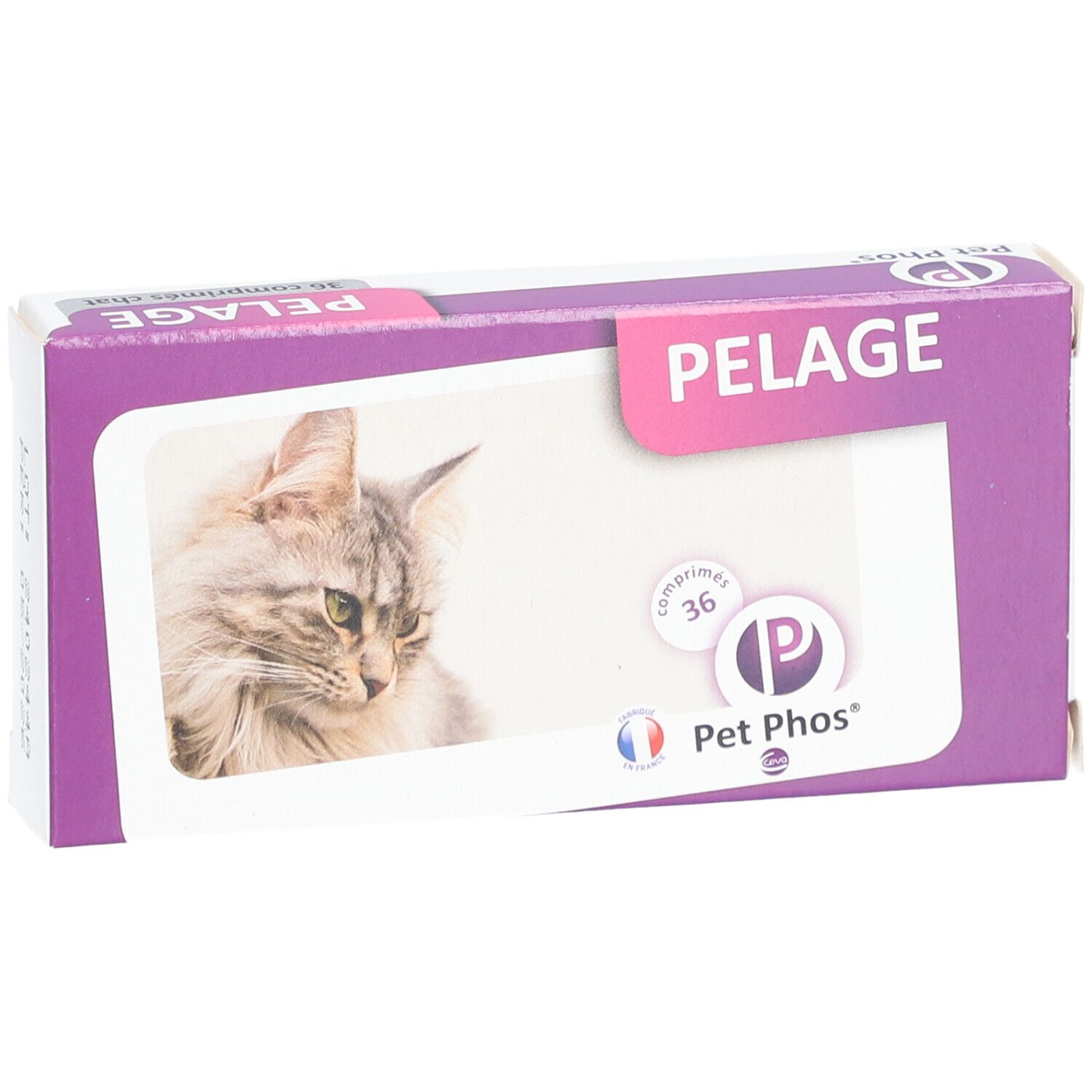 Verpakking met kattenafbeelding. Tekst: PELAGE, Pet Phos, 36 comprimés.