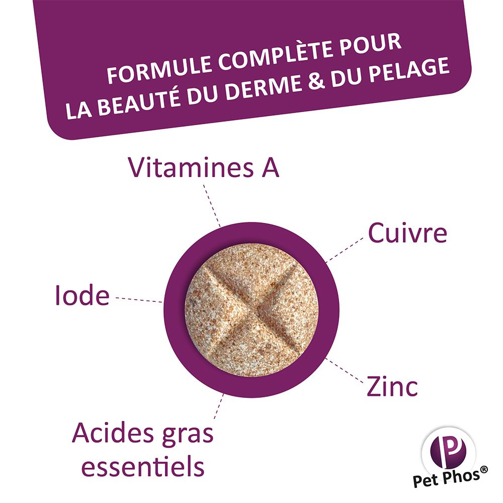 Comprimé avec texte: Vitamines A, Iode, Acides gras essentiels, Cuivre, Zinc. Logo Pet Phos.