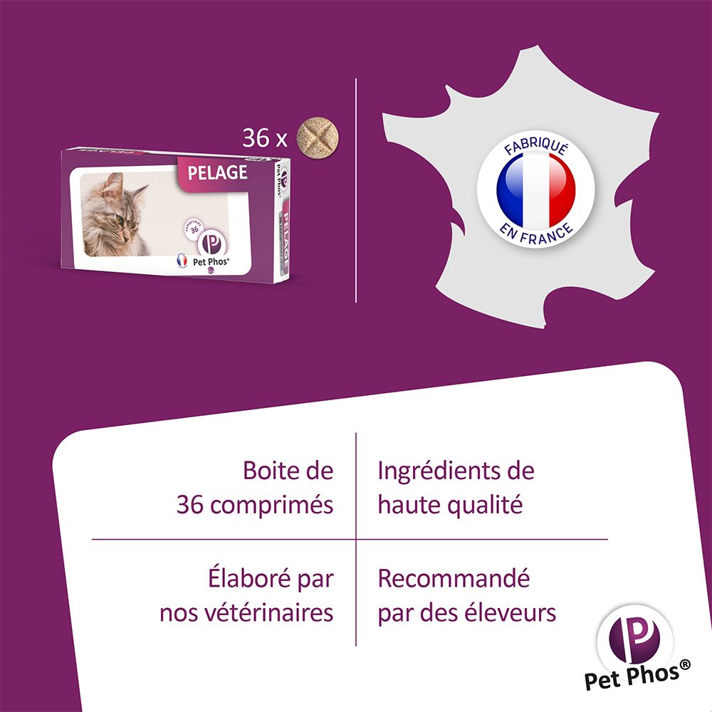 Boîte de 36 comprimés, chat, texte PELAGE, Pet Phos. Fabriqué en France.