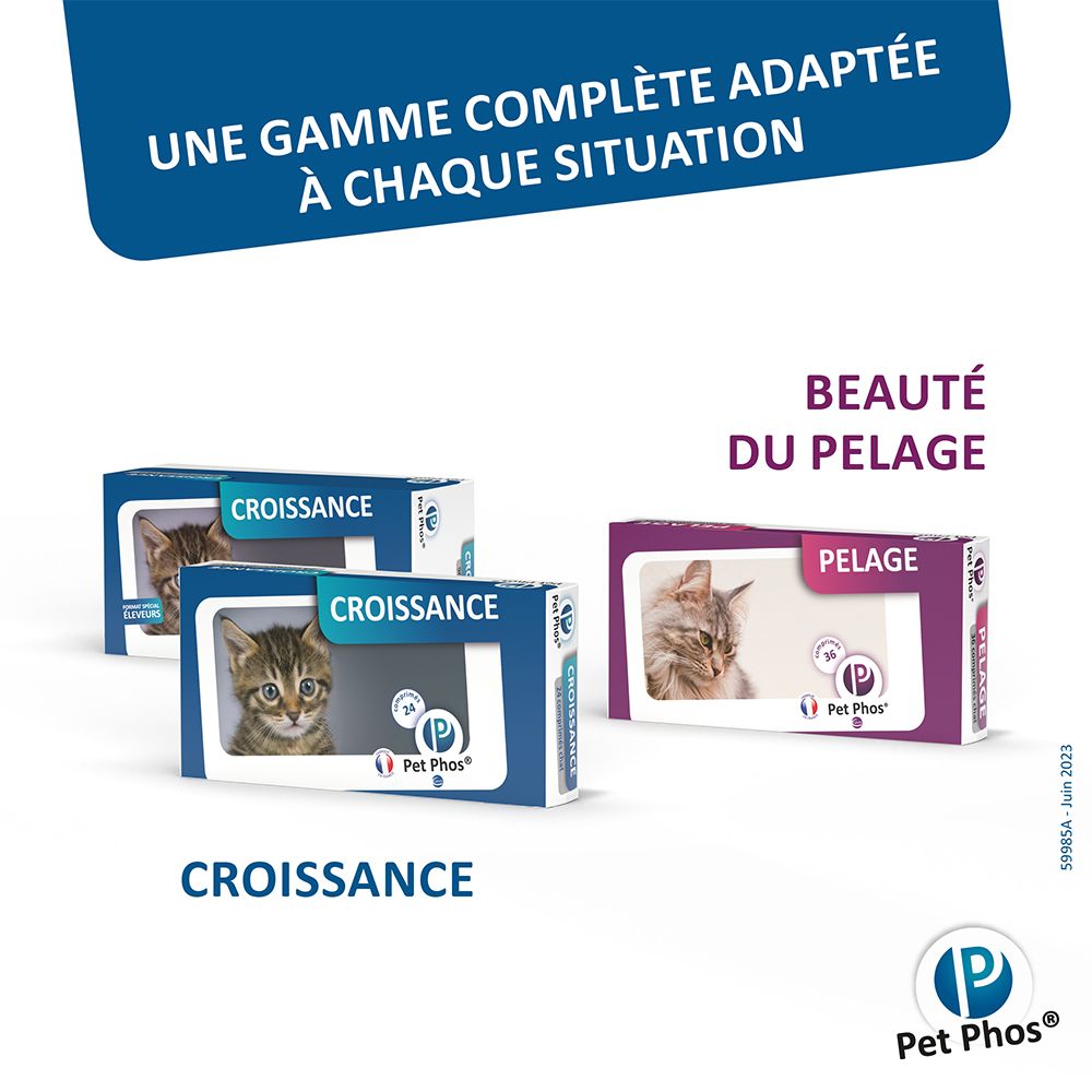 Compleet assortiment voor elke situatie. Groei, vachtverzorging. Productnaam Pet Phos® Croissance.