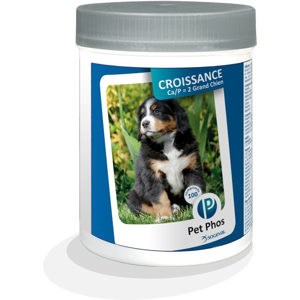 Witte pot met grijze deksel. Etiket met puppyfoto en productnaam Pet Phos.