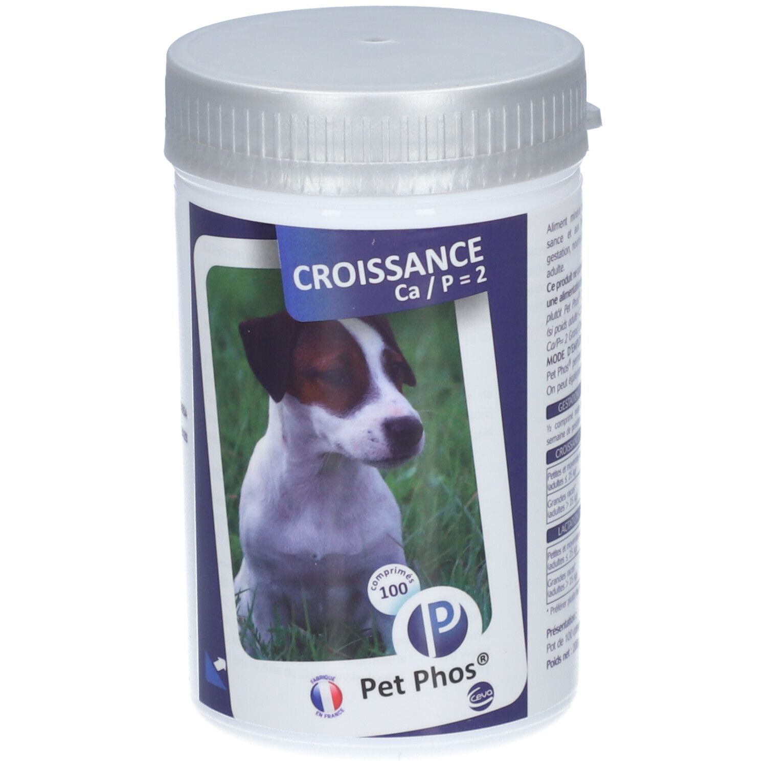 Witte plastic pot met zilveren deksel. Etiket met hond, tekst: Croissance Ca/P=2, Pet Phos®.
