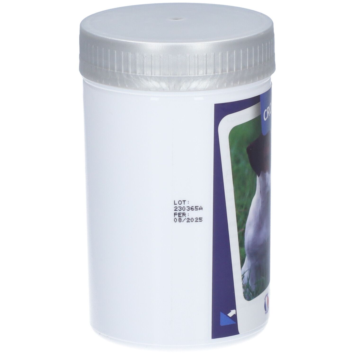 Witte plastic pot met zilveren deksel. Etiket met tekst en vervaldatum: 05/2025.