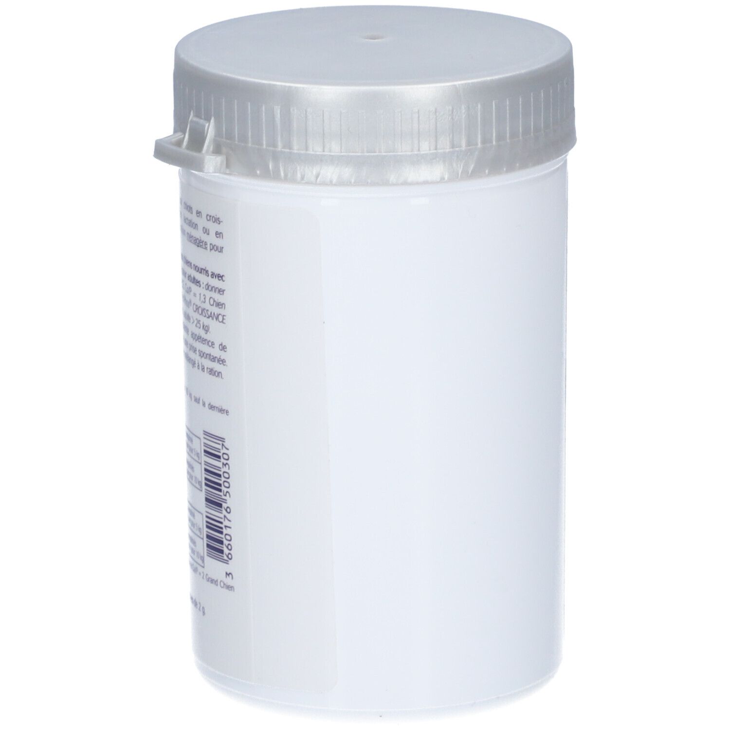 Witte plastic pot met zilveren deksel. Etiket met tekst en barcode.