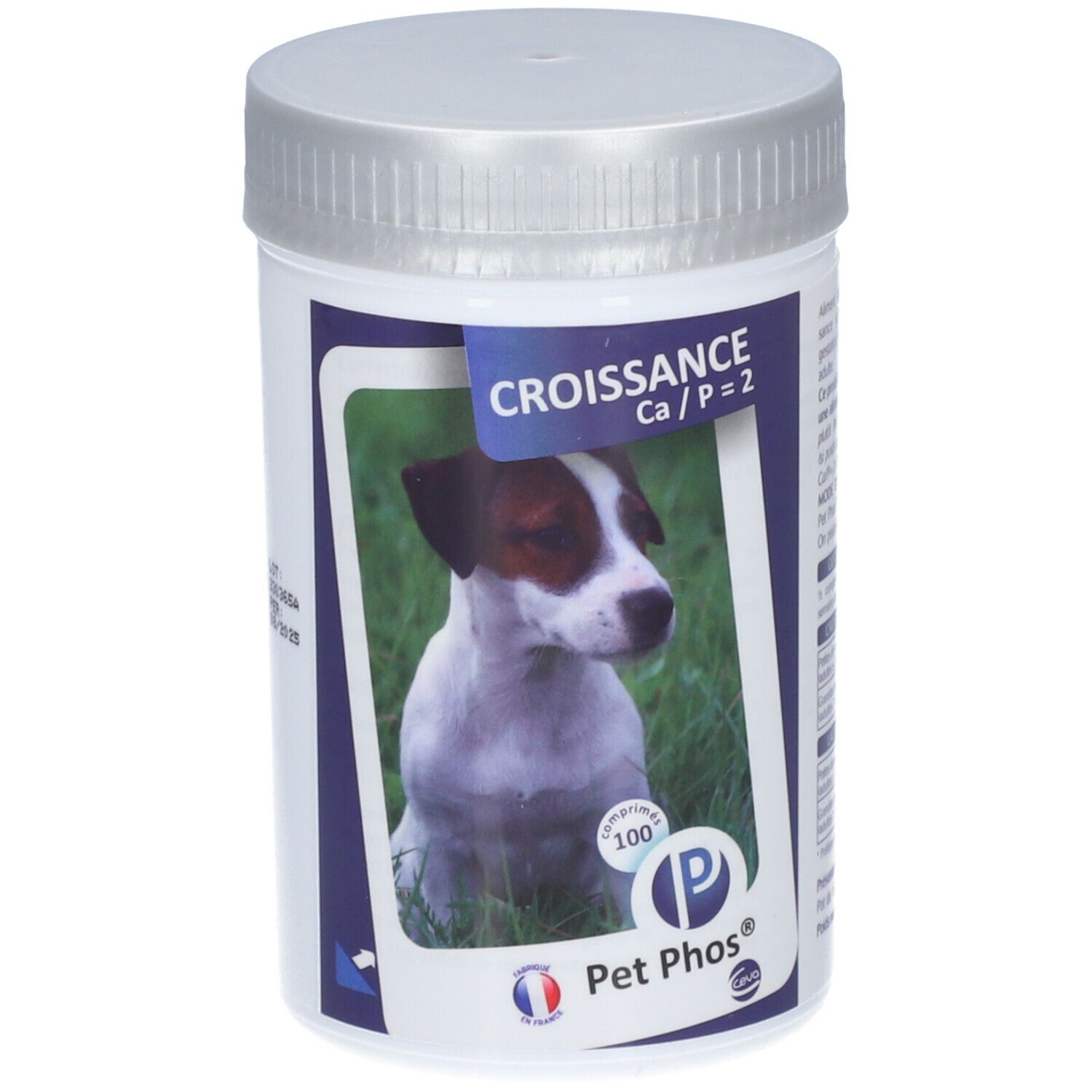 Witte plastic pot met zilveren deksel. Etiket met hond, tekst: Croissance Ca/P=2, Pet Phos®.