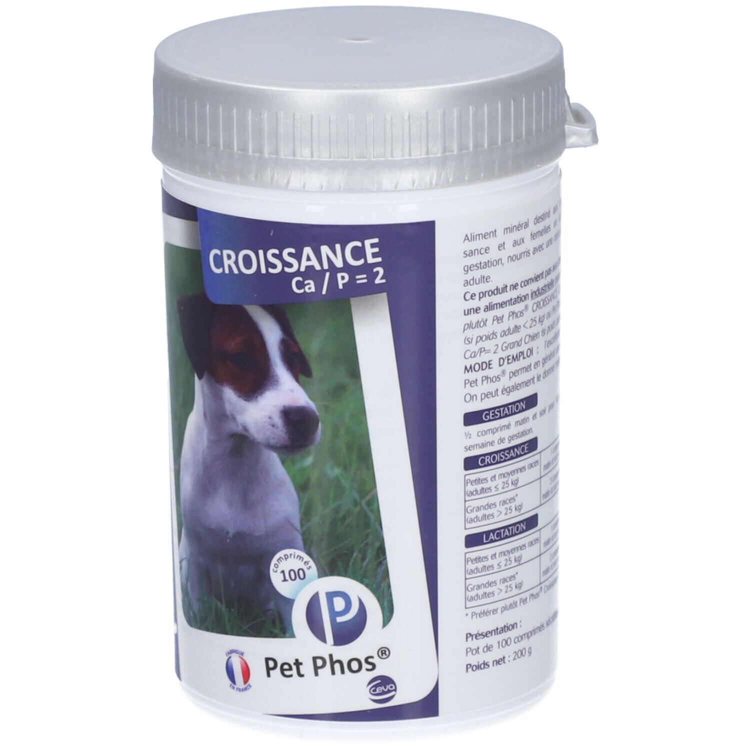 Witte plastic pot met zilveren deksel. Etiket met hond, tekst: Croissance Ca/P=2, Pet Phos®.