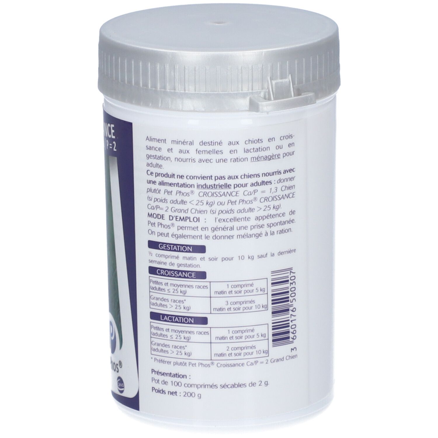 Witte plastic pot met zilveren deksel. Etiket met tekst, Croissance Ca/P=2, Pet Phos®.