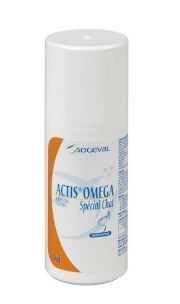 Flacon blanc avec accent orange. Inscription: Actis Omega Spécial Chat. Logo Soceval.