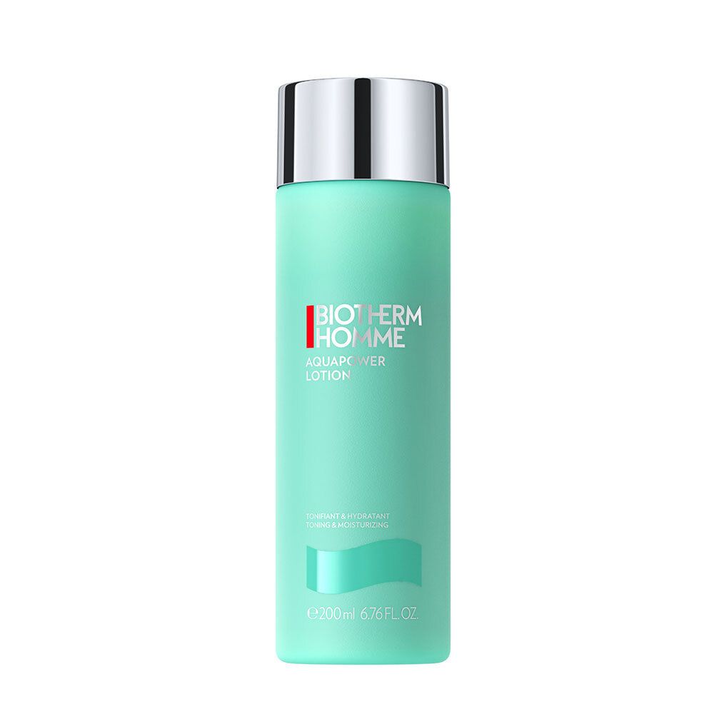 Turquoise fles met zilveren dop. Opschrift: Biotherm Homme Aquapower Lotion. Inhoud: 200ml.