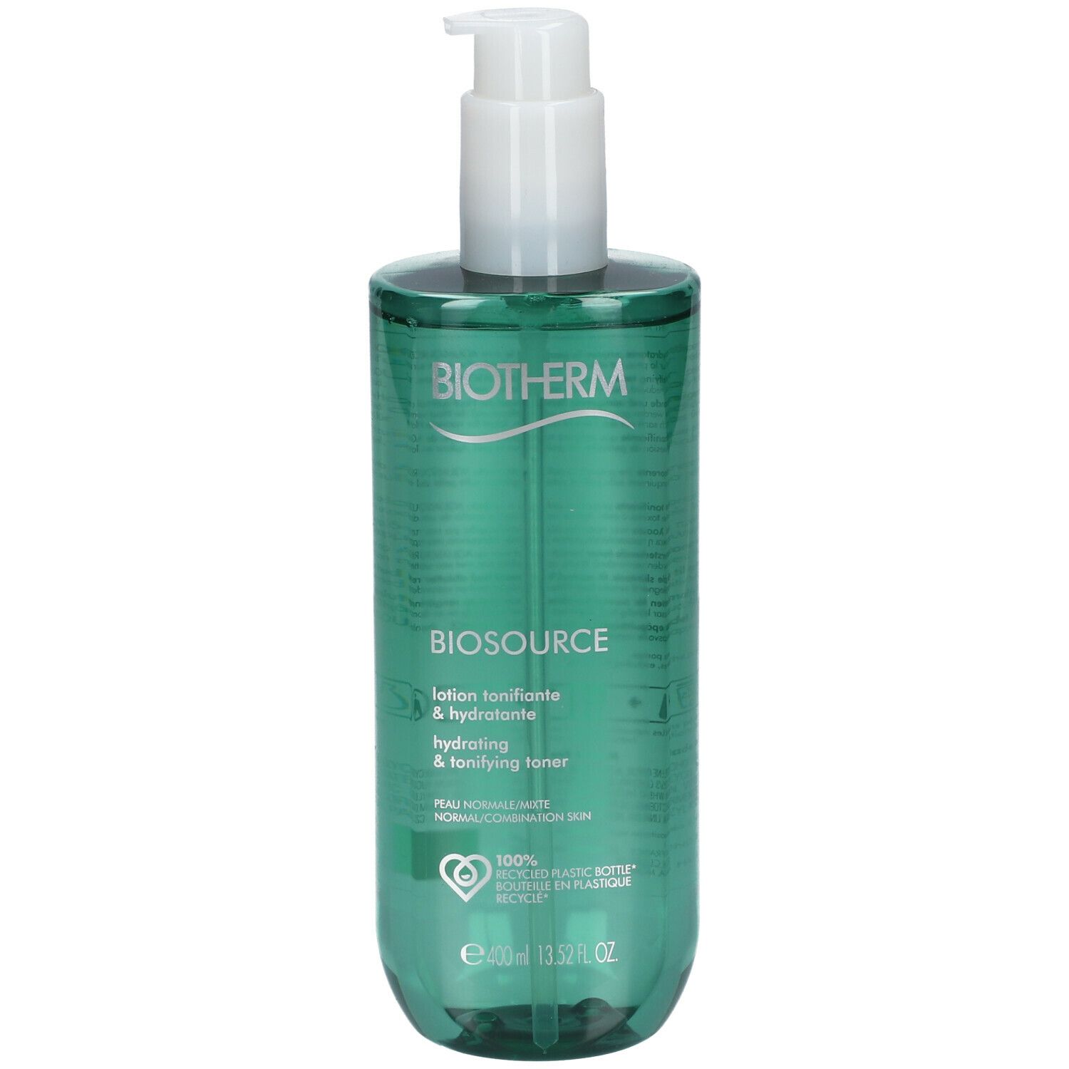 Groene fles met witte pomp. Opschrift: Biotherm Biosource. 400ml. 100% gerecyclede fles.