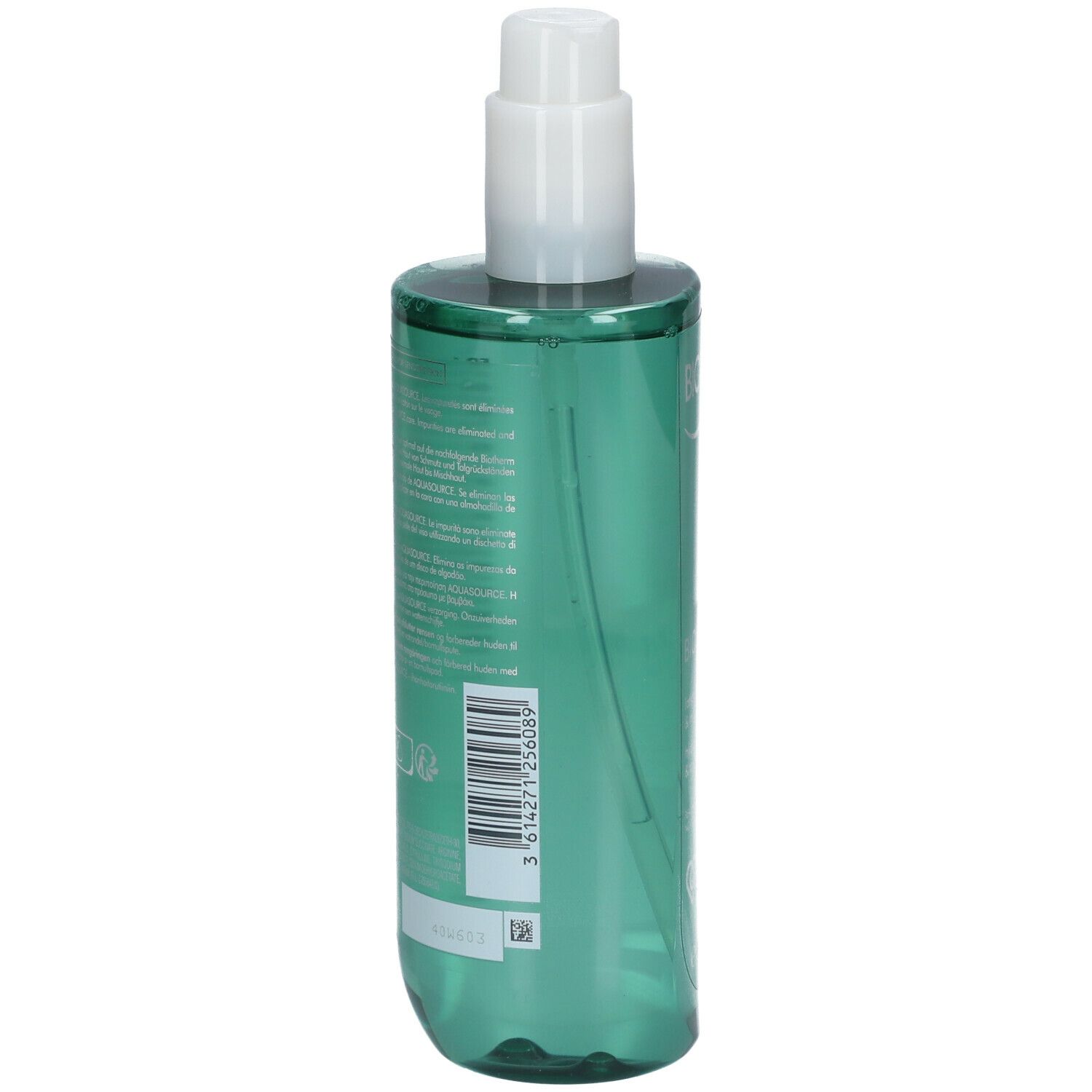 Achterkant van de groene fles met tekst. Opschrift: Biotherm Biosource. 400ml.