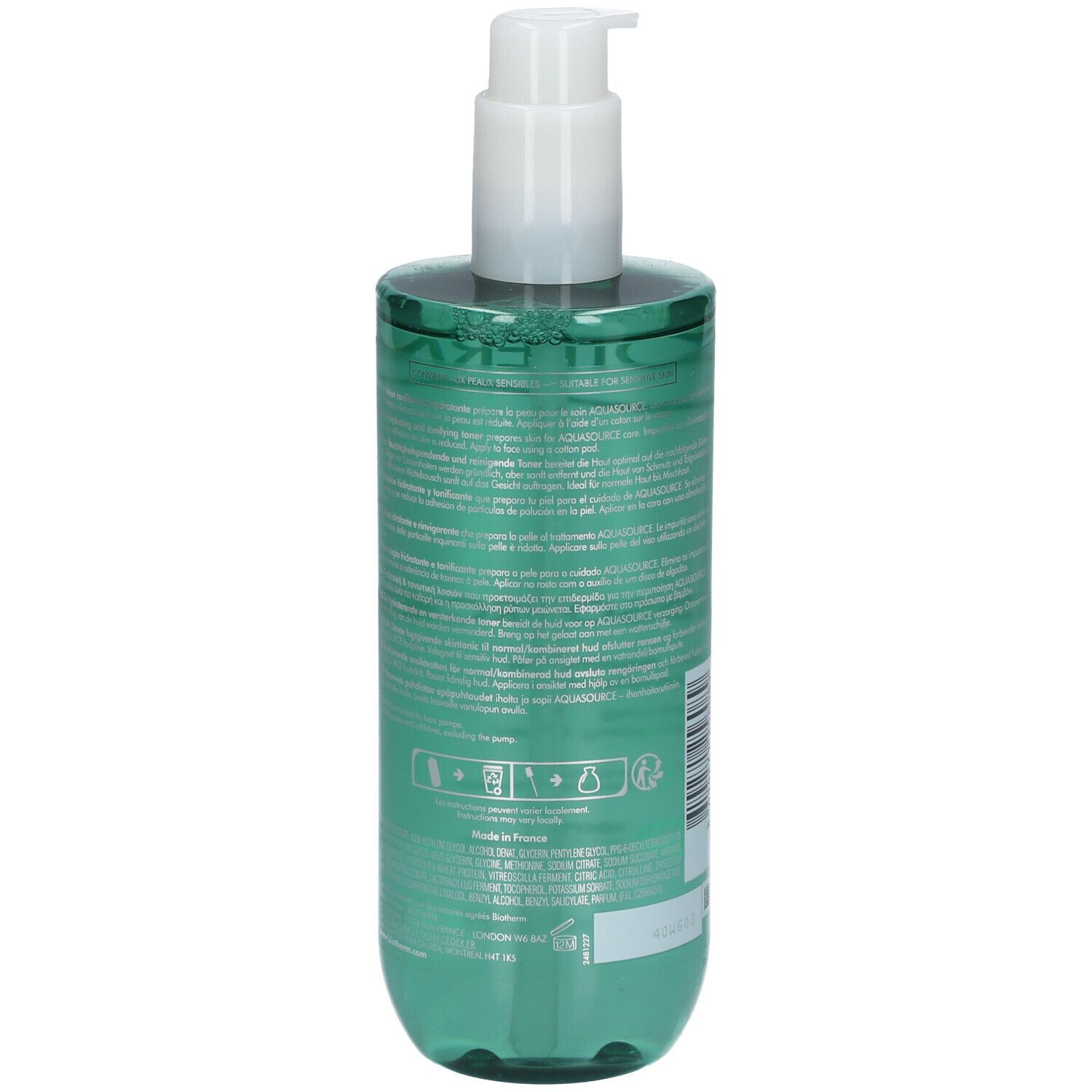 Achterkant van de groene fles met tekst. Opschrift: Biotherm Biosource. 400ml.