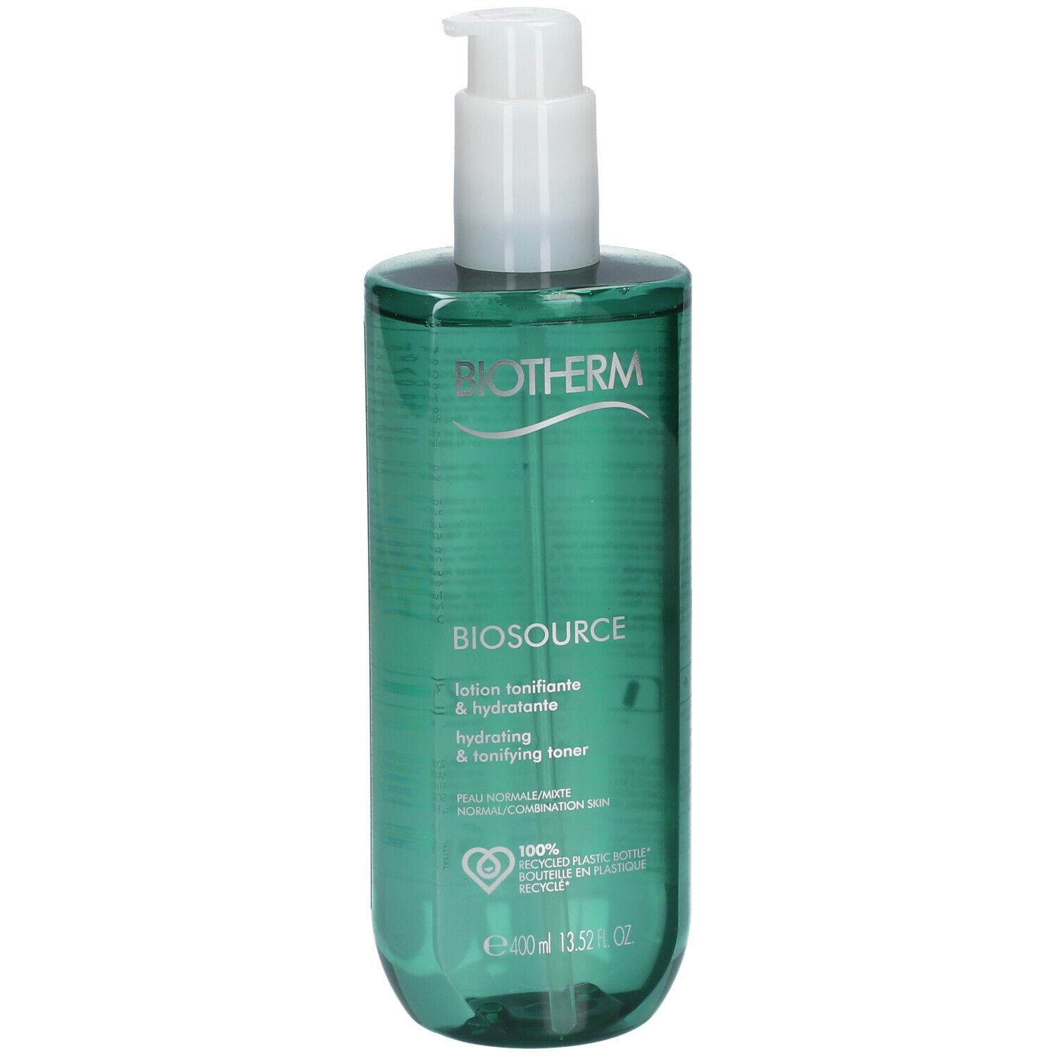Groene fles met witte pomp. Opschrift: Biotherm Biosource. 400ml. 100% gerecyclede fles.