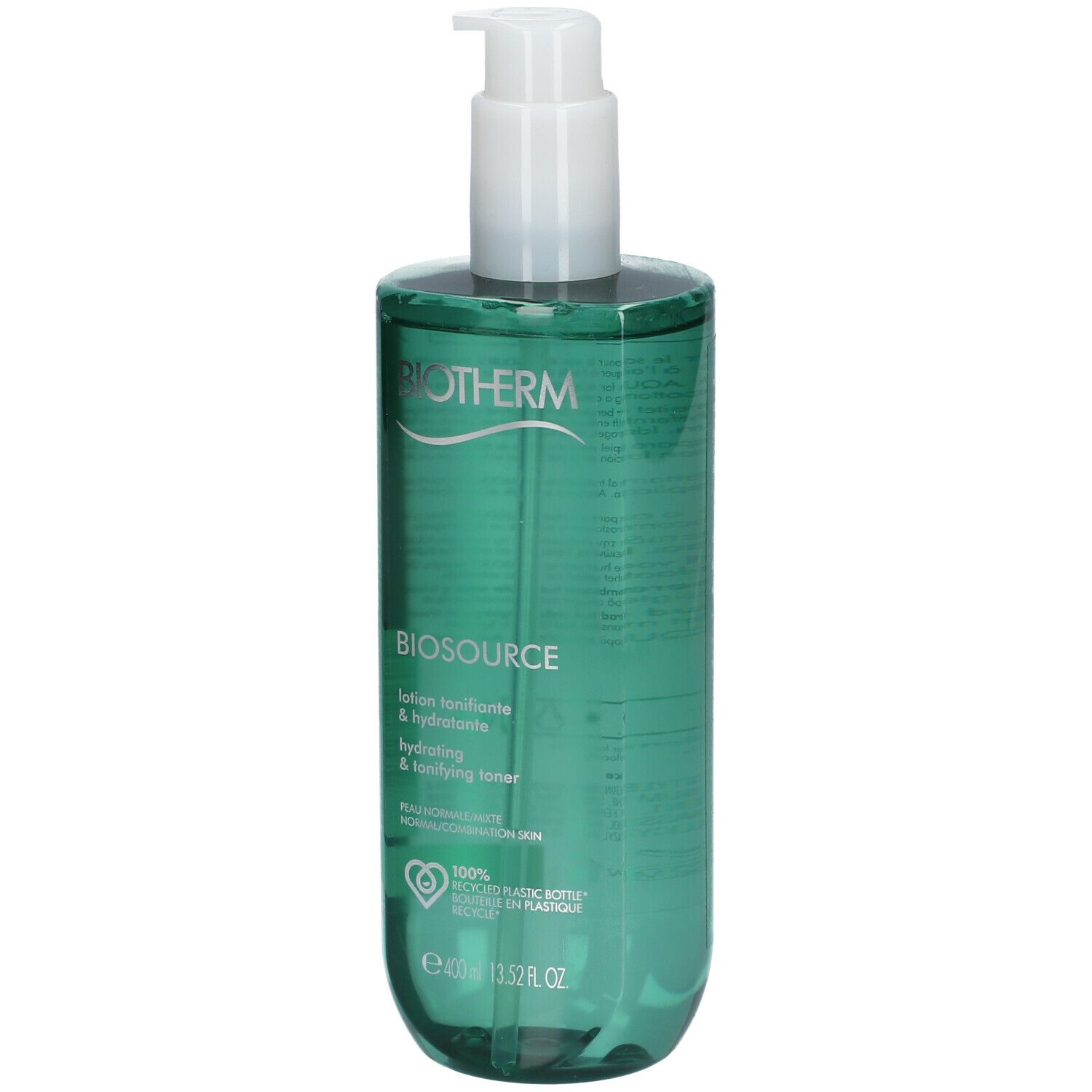 Groene fles met witte pomp. Opschrift: Biotherm Biosource. 400ml. 100% gerecyclede fles.