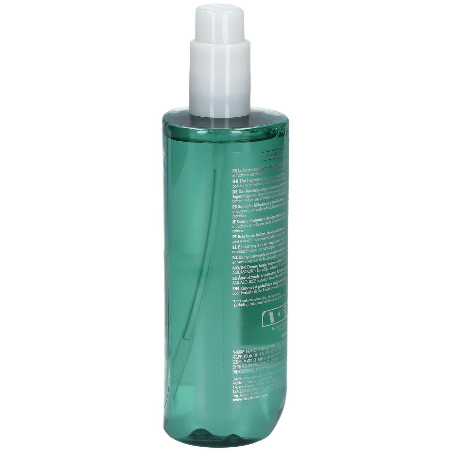 Achterkant van de groene fles met tekst. Opschrift: Biotherm Biosource. 400ml.