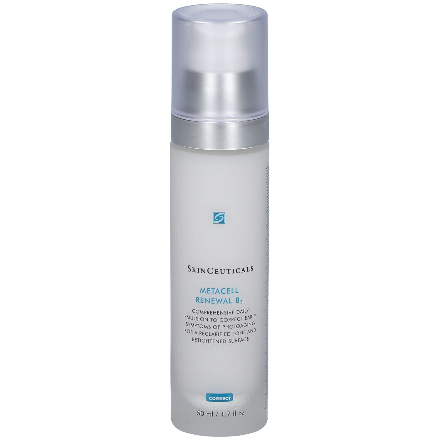 Lichtblauwe doos met productnaam en informatie. Opschrift: Skinceuticals Metacell Renewal B3.