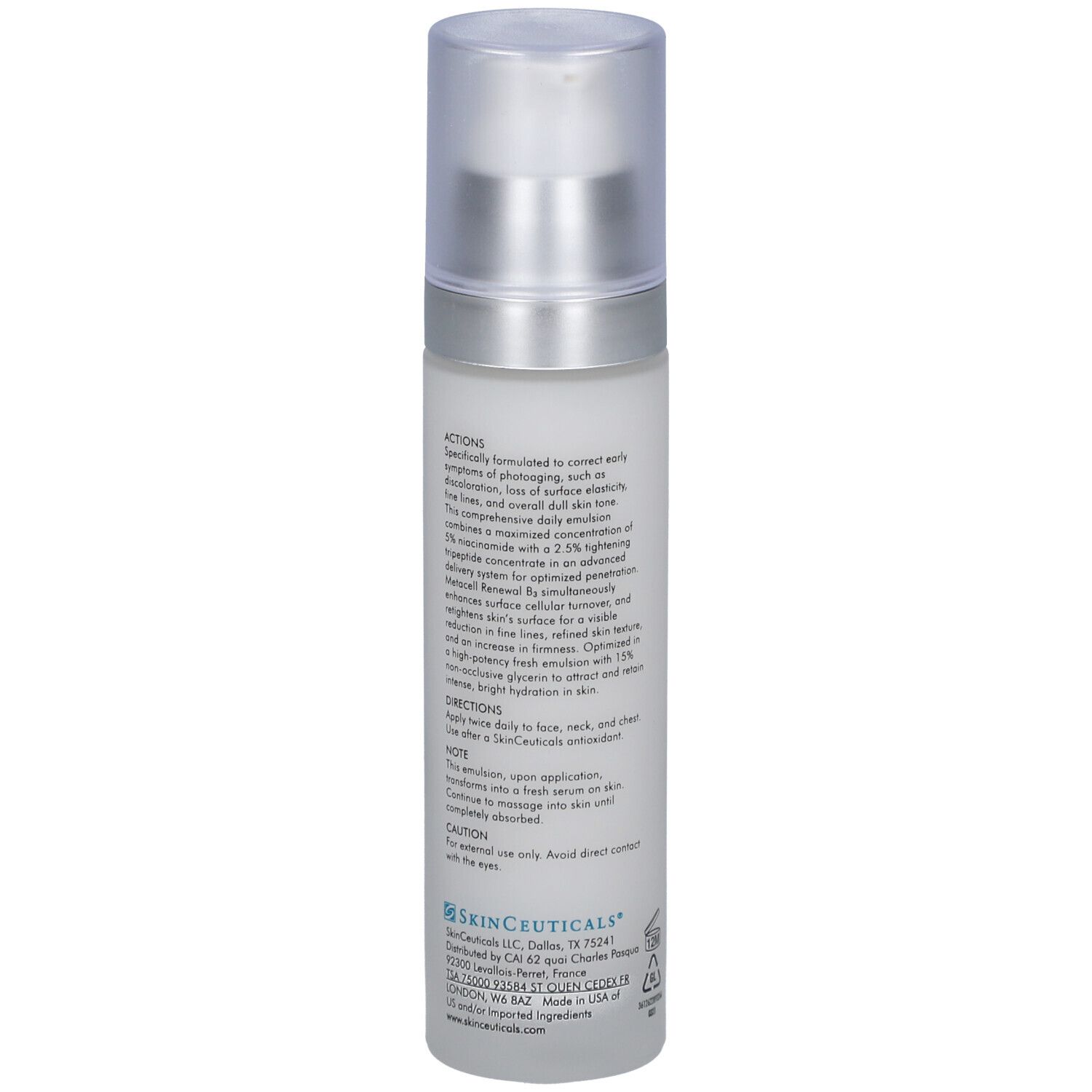 Cilindrische fles met zilveren dop. Opschrift: Skinceuticals Metacell Renewal B3. Tekst met informatie.