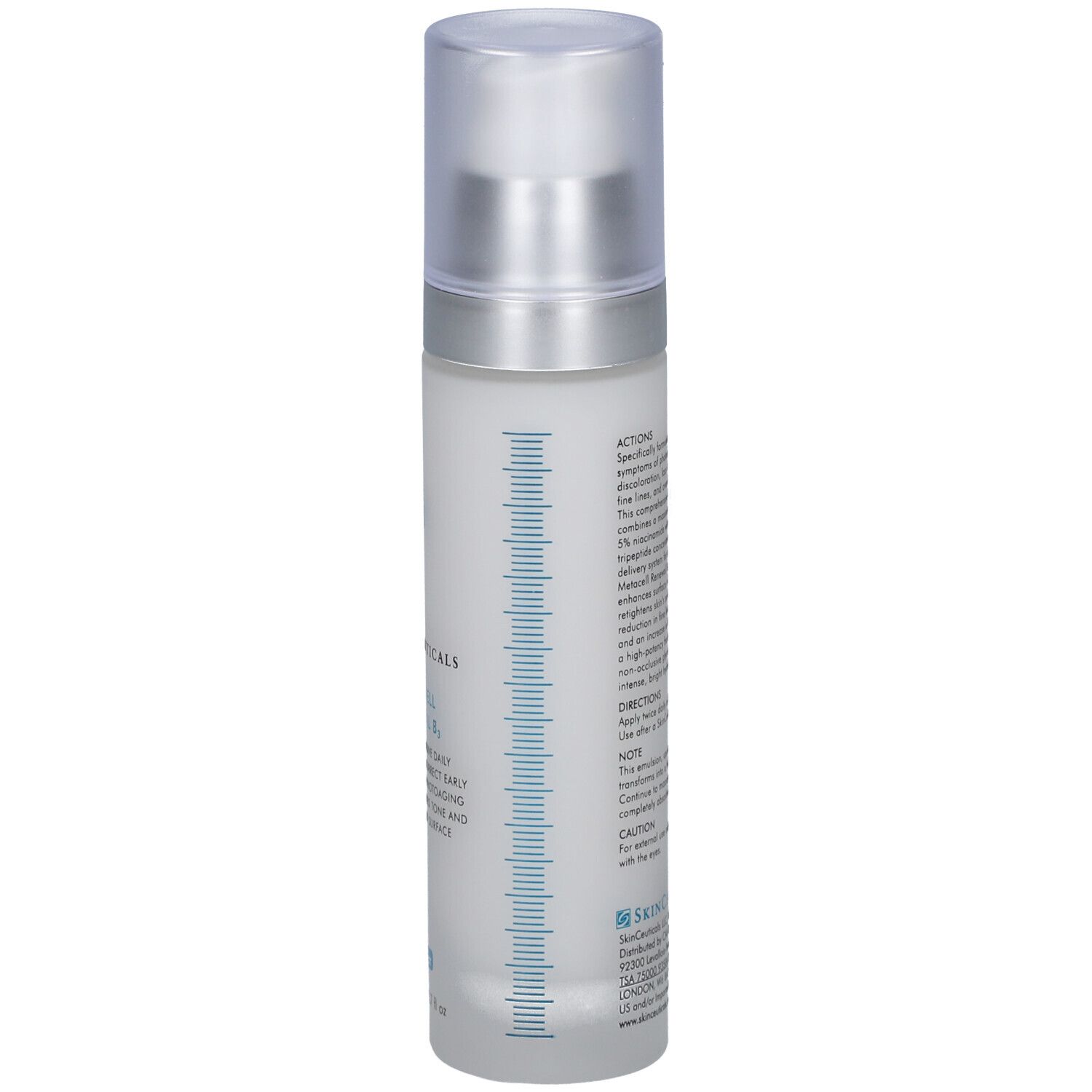 Cilindrische fles met zilveren dop. Opschrift: Skinceuticals. Productnaam onleesbaar.