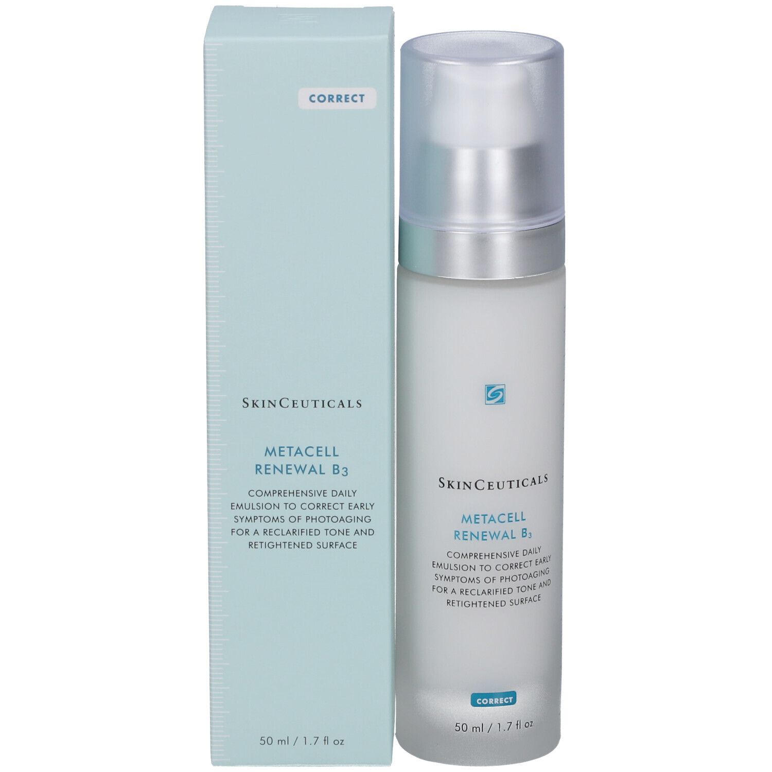 Productfles en doos. Opschrift: Skinceuticals Metacell Renewal B3 en Tripeptide-R Neck Repair.