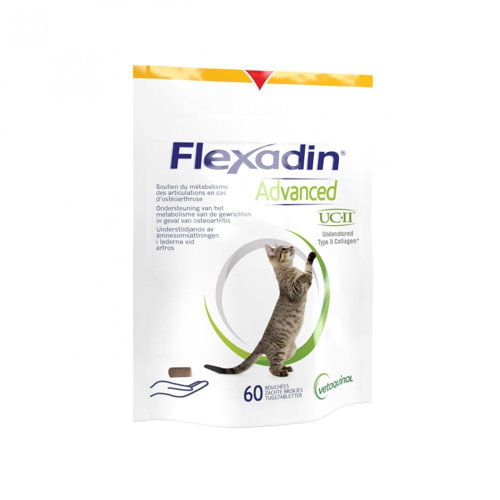 Flexadin Advanced zak met tabletten. Bevat 60 tabletten. Bedrukking met productnaam en kat.