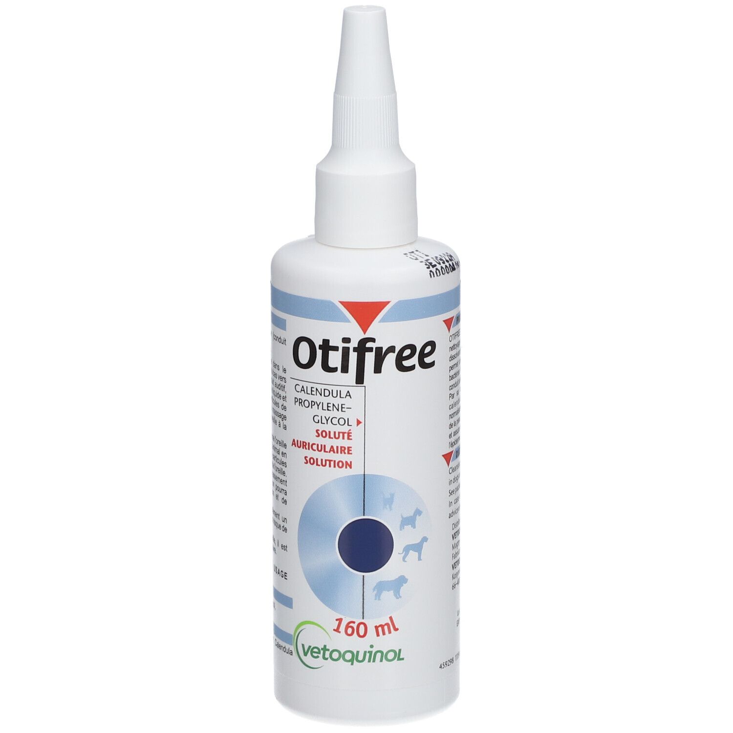 Witte fles met tuit. Opschrift Otifree, ingrediënten en 160 ml. Voor honden en katten.