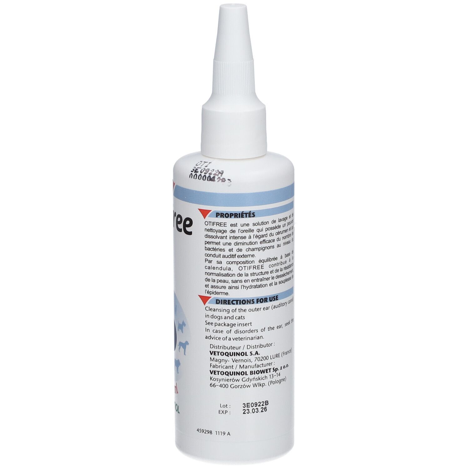 Witte fles met tuit. Tekst over eigenschappen en gebruik. Voor honden en katten.