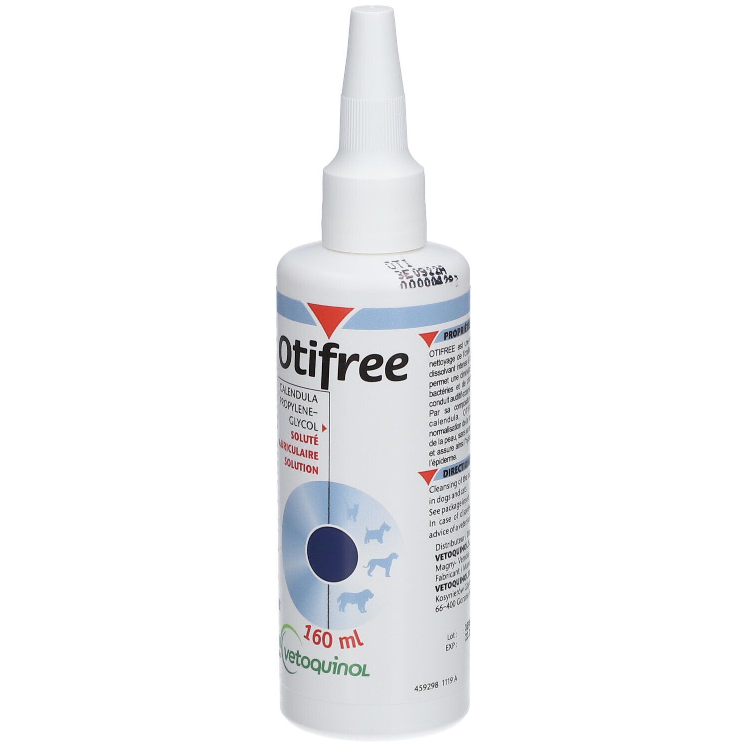 Witte fles met tuit. Opschrift Otifree, ingrediënten en 160 ml. Voor honden en katten.