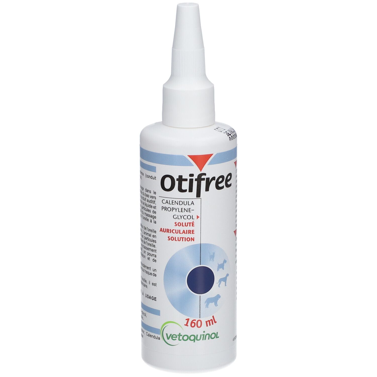 Witte fles met tuit. Opschrift Otifree, ingrediënten en 160 ml. Voor honden en katten.