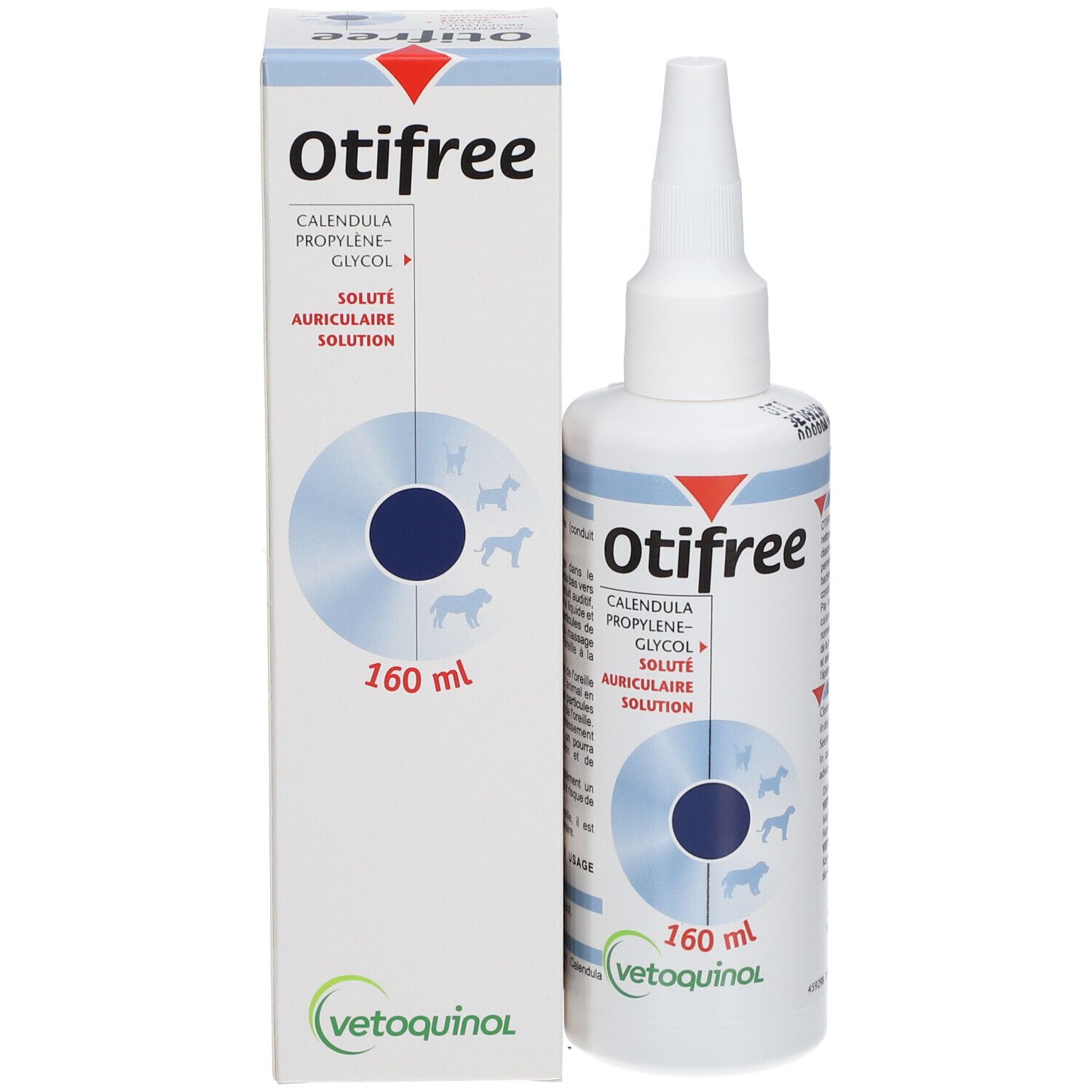 Productfles en verpakking. Opschrift Otifree, ingrediënten en 160 ml. Voor honden en katten.
