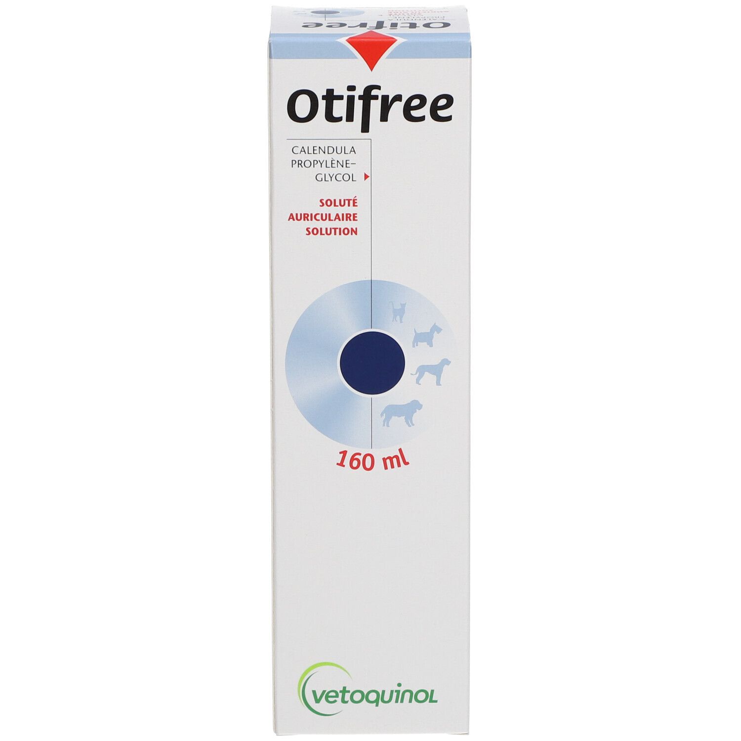 Productverpakking. Opschrift Otifree, ingrediënten en 160 ml. Voor honden en katten.