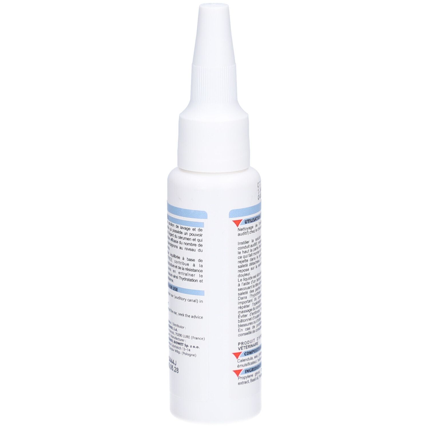 Witte fles met puntige applicator. Blauwe en rode tekst. Tekst in het Frans.