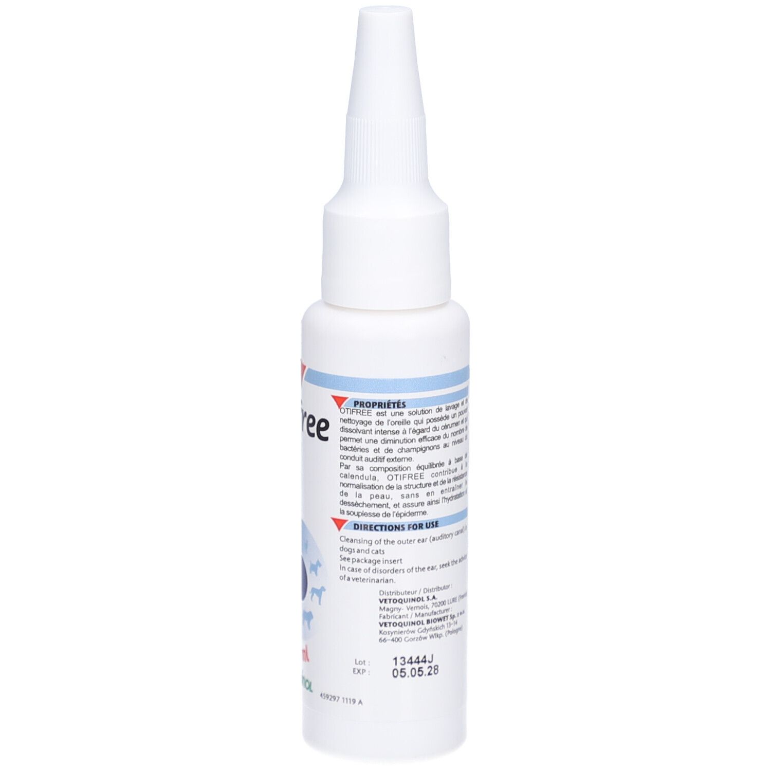 Witte fles met puntige applicator. Blauwe en rode tekst. Tekst: Otifree, gebruiksaanwijzing.