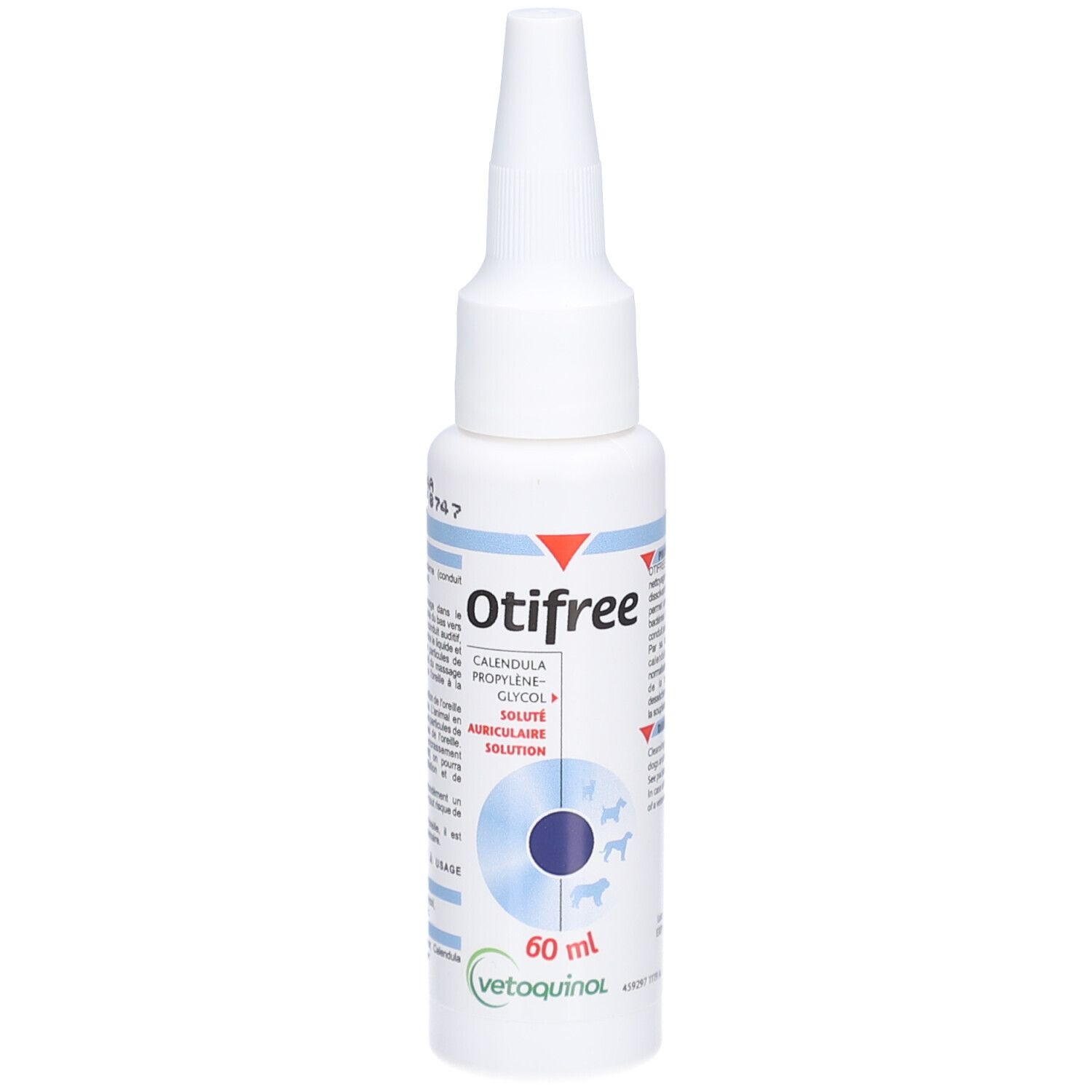 Witte fles met puntige applicator. Blauwe tekst. Tekst: Otifree, 60 ml, Vetoquinol.