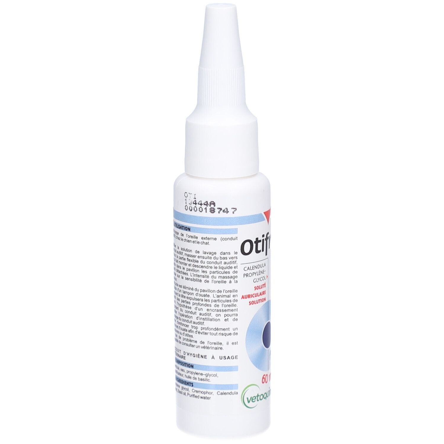Witte fles met puntige applicator. Blauwe en rode tekst. Tekst: Otifree, 60 ml, Vetoquinol.