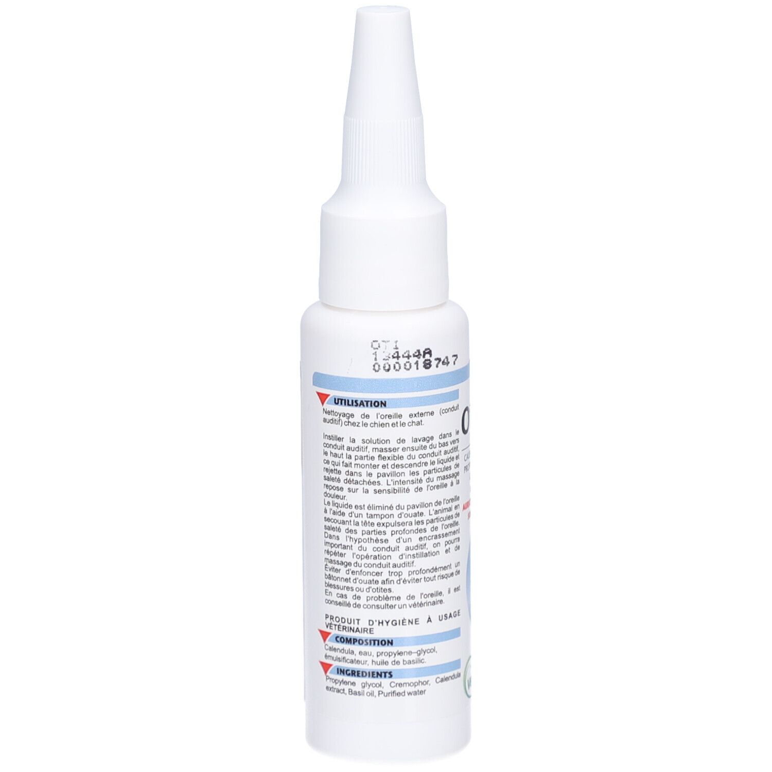 Witte fles met puntige applicator. Blauwe en rode tekst. Tekst: Otifree, ingrediënten.