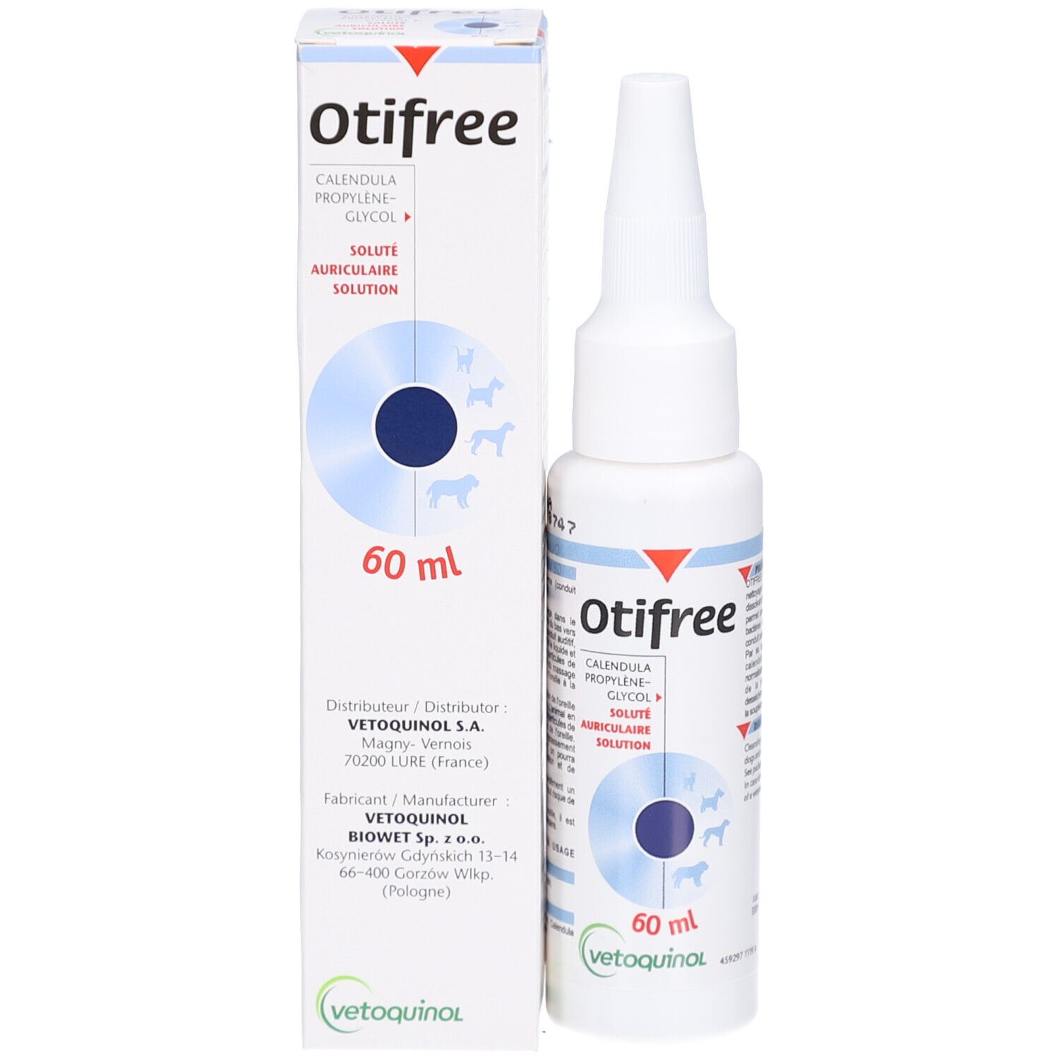 Witte fles en doos. Tekst: Otifree, 60 ml, Vetoquinol. Productafbeelding.