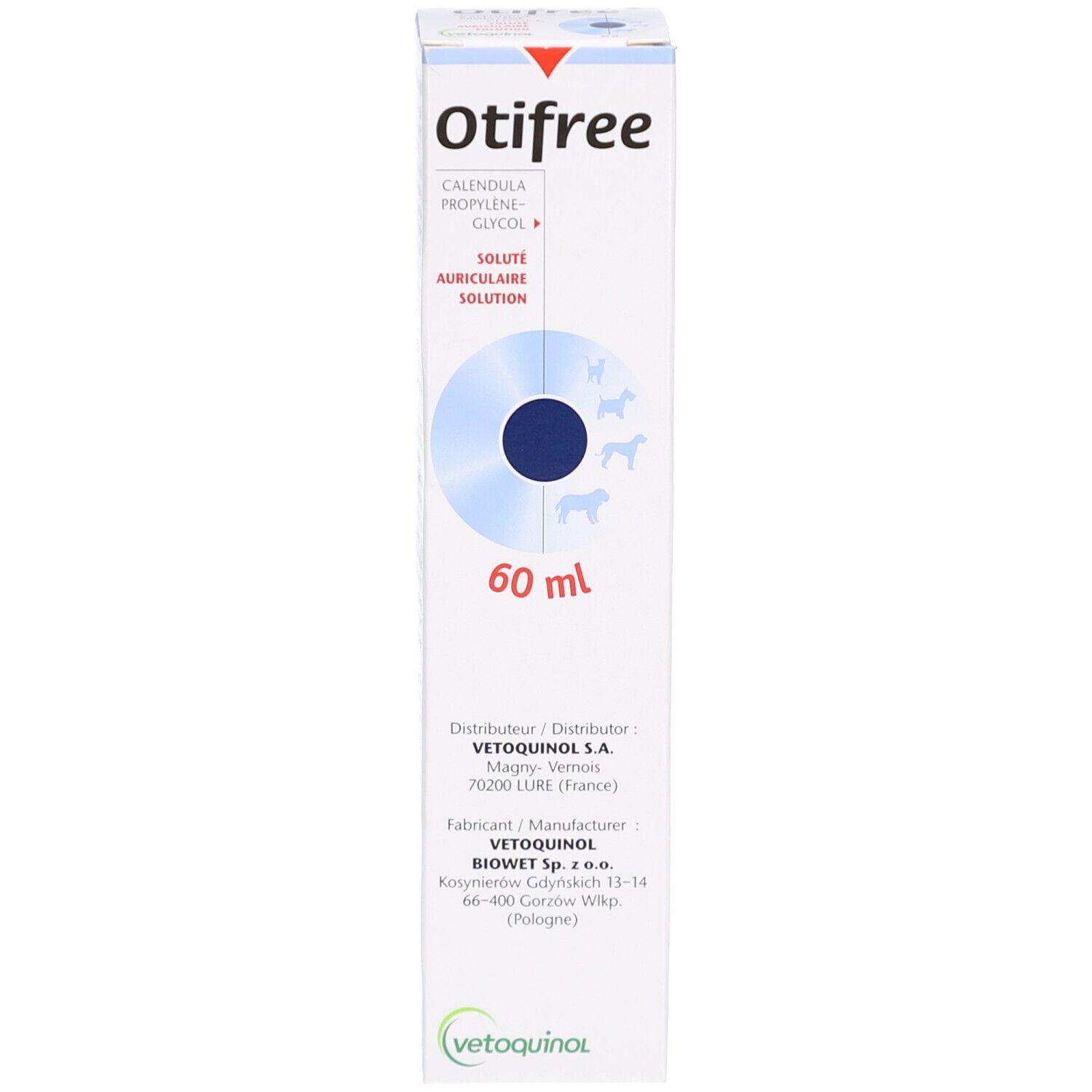 Witte doos. Tekst: Otifree, 60 ml, Vetoquinol. Productafbeelding.
