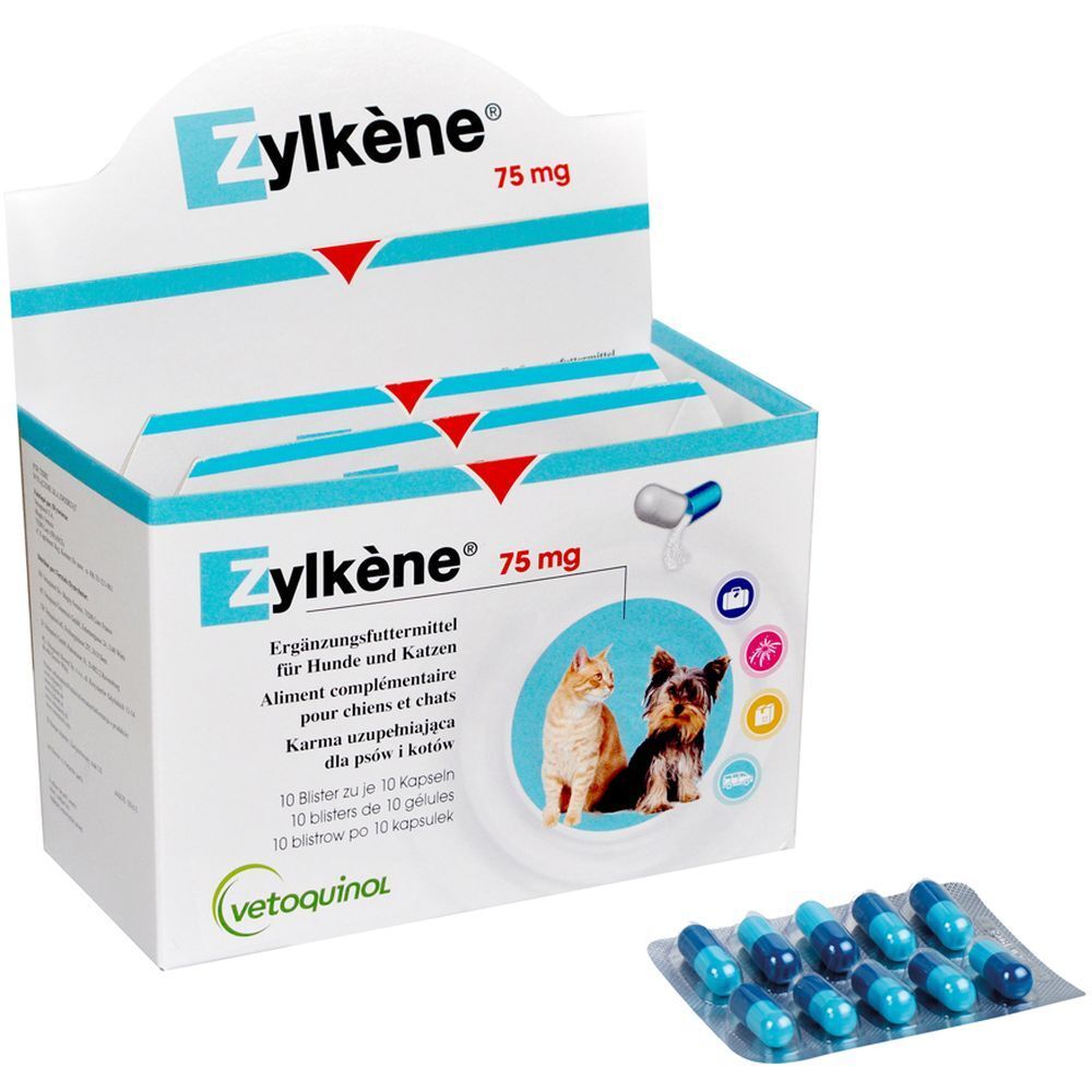 ZYLKENE® 75 mg. Verpakking met capsules en doos. Bedrukking met productnaam, dosering en dierenafbeeldingen.